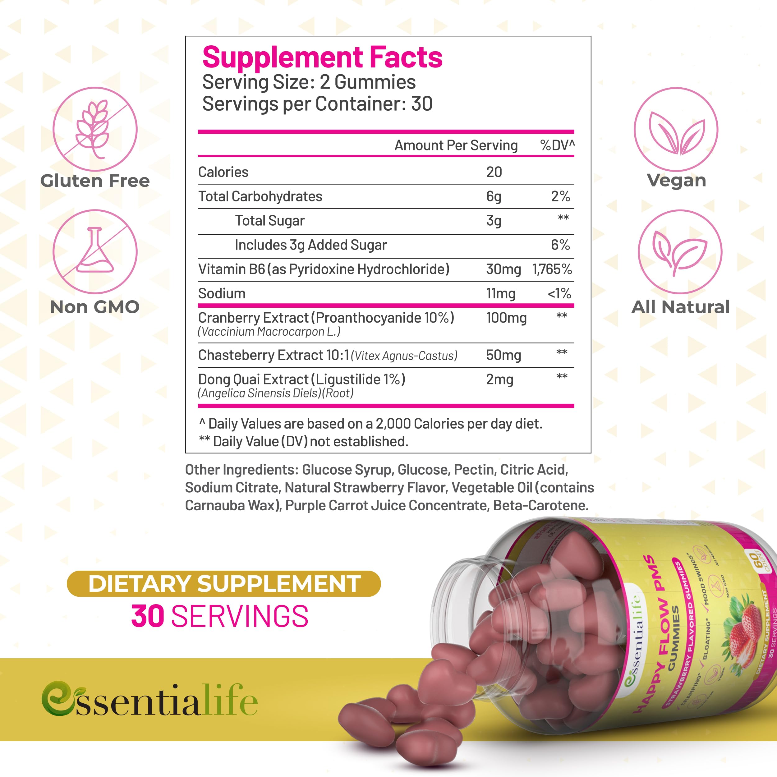PMS Gummies - Happy Flow PMS Support Supplement for Women - Strawberry PMS Relief Supplement with Vitamin B6 for Hormone Balance, Period Support, Cramps, Hormonal Acne & Bloating Relief (60 Count) Essentialife uk supplements