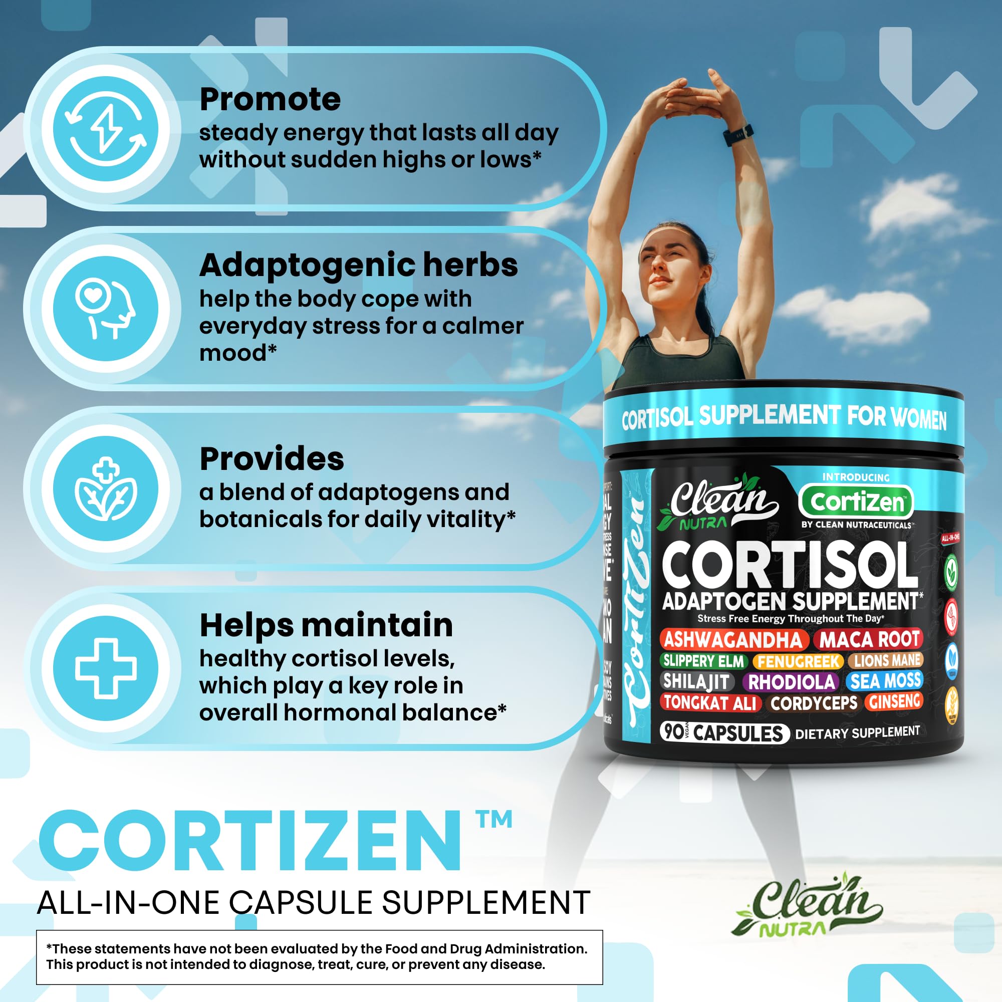 Clean Nutra Cortisol Supplements For Women | Maca Root Ashwagandha Cortisol Detox Manager Reducer + Slippery Elm Fenugreek Lions Mane Shilajit Rhodiola Sea Moss Tongkat Ali Cordyceps Ginseng Beet Root Clean Nutraceuticals uk supplements