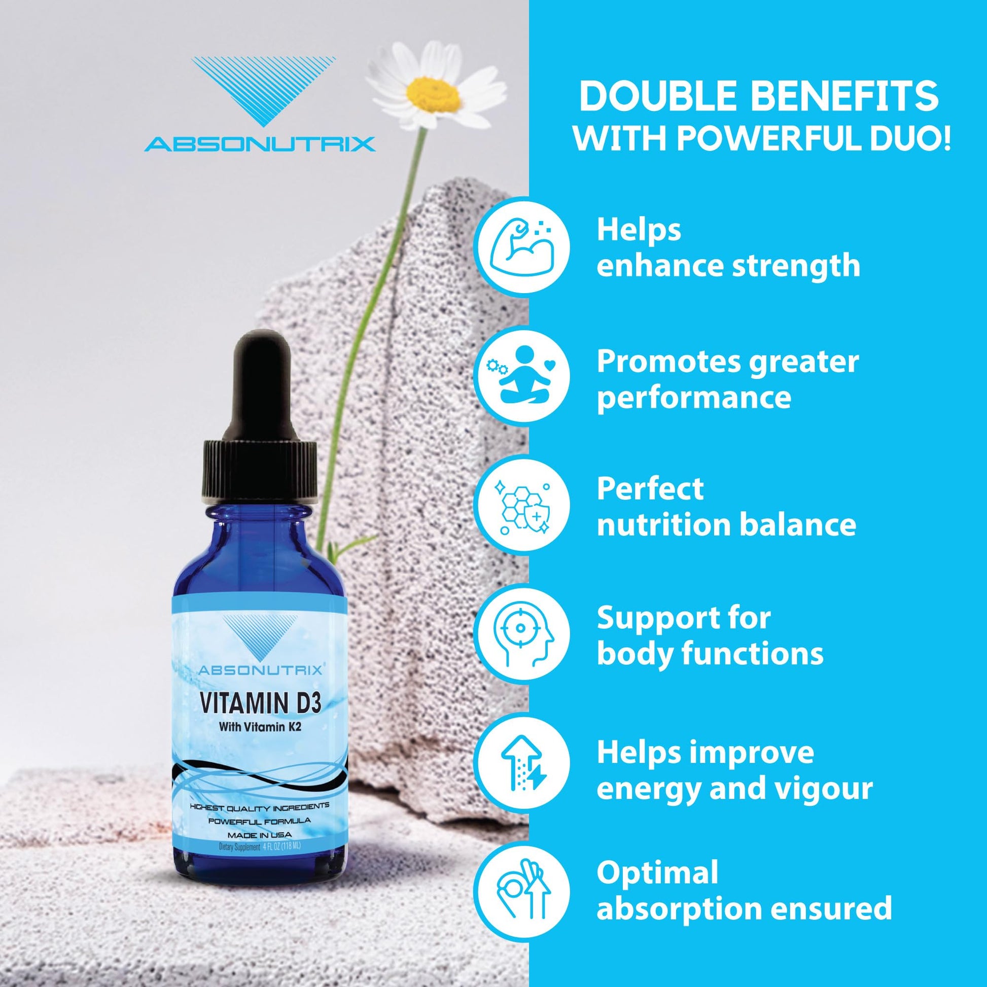 Absonutrix Vitamin D3 K2 Drops, 390mg, 4 Oz Liquid, 302 Servings, Made in USA, Quick Absorption, Quality Potent Ingredients, Non-GMO, GMP Certified, Cruelty-Free Products, Bone Strength Supplements Absonutrix uk supplements
