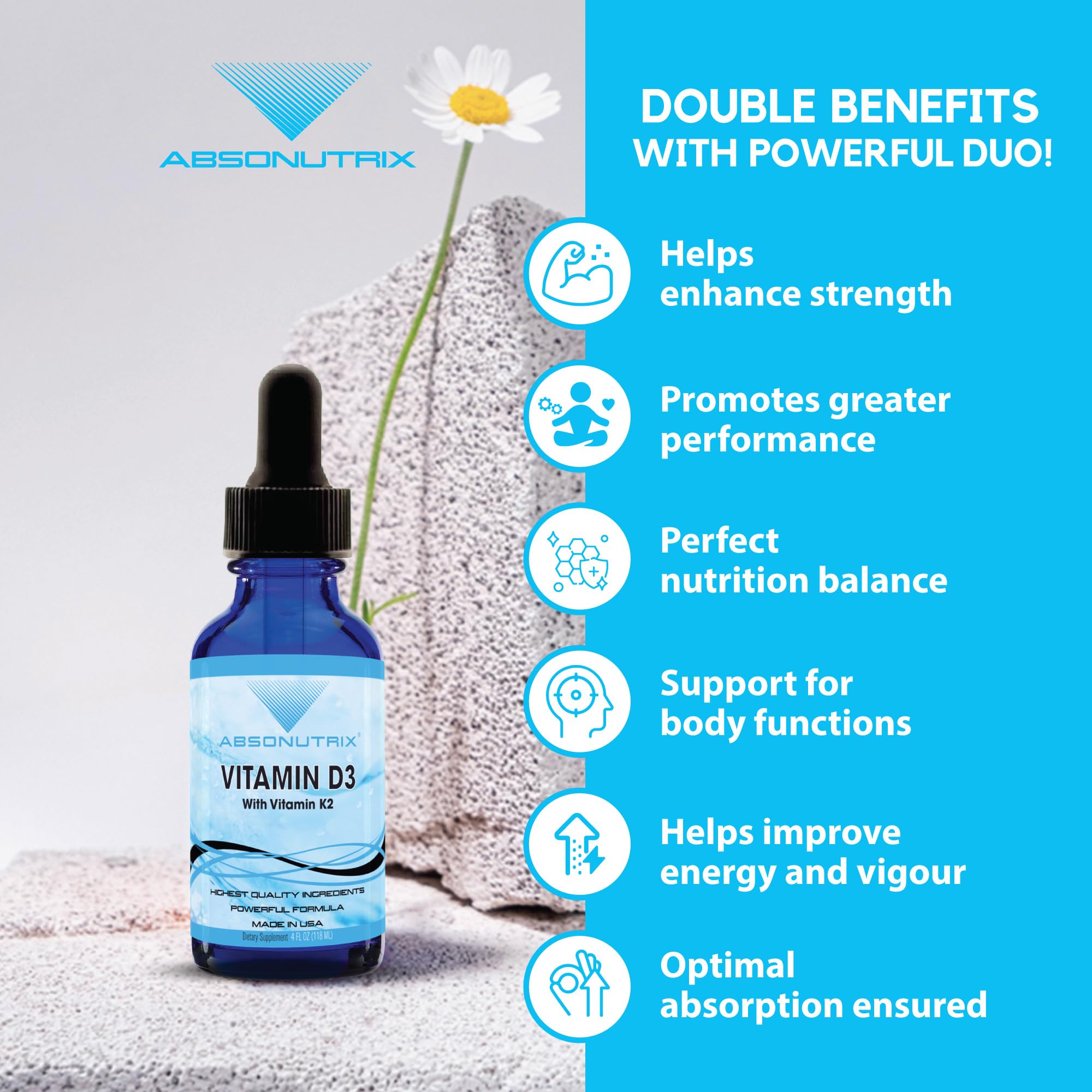 Absonutrix Vitamin D3 K2 Drops, 390mg, 4 Oz Liquid, 302 Servings, Made in USA, Quick Absorption, Quality Potent Ingredients, Non-GMO, GMP Certified, Cruelty-Free Products, Bone Strength Supplements Absonutrix uk supplements