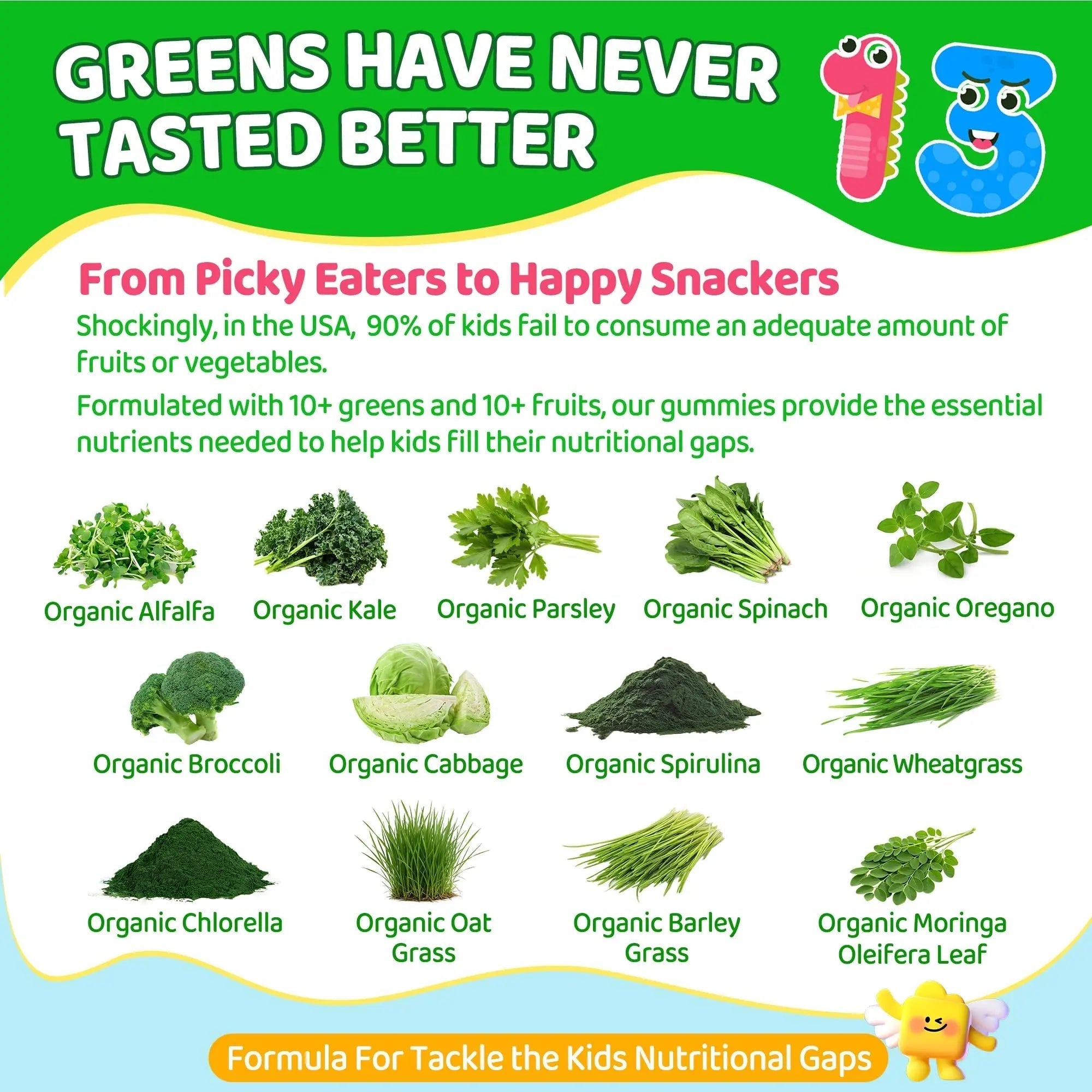 Kids Super Greens Gummies, w/Multivitamins, Spirulina, Chlorella, Spinach, Broccoli, Calcium, Omega-3 (DHA/EPA) EnvyCure uk supplements