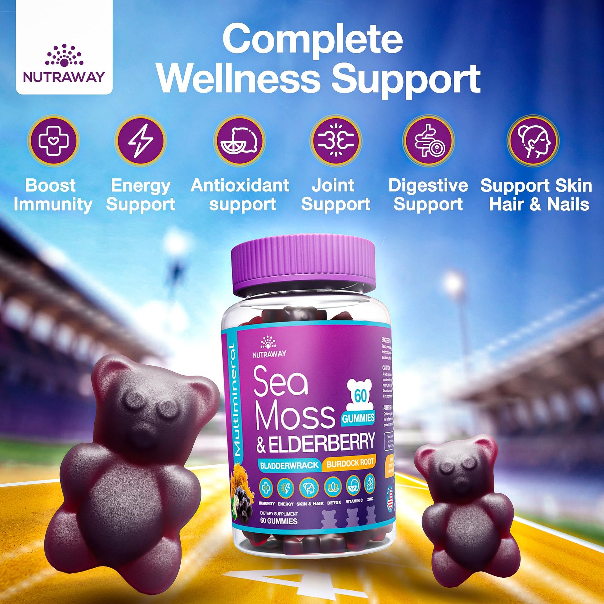 NUTRAWAY LABS Sea Moss Gummies with Elderberry, Vitamin C & Zinc - 102 Minerals from Irish Sea Moss, Bladderwrack & Burdock Root for Immune Support - Vegan Seamoss Supplement (Pack of 1) NUTRAWAY LABS uk supplements