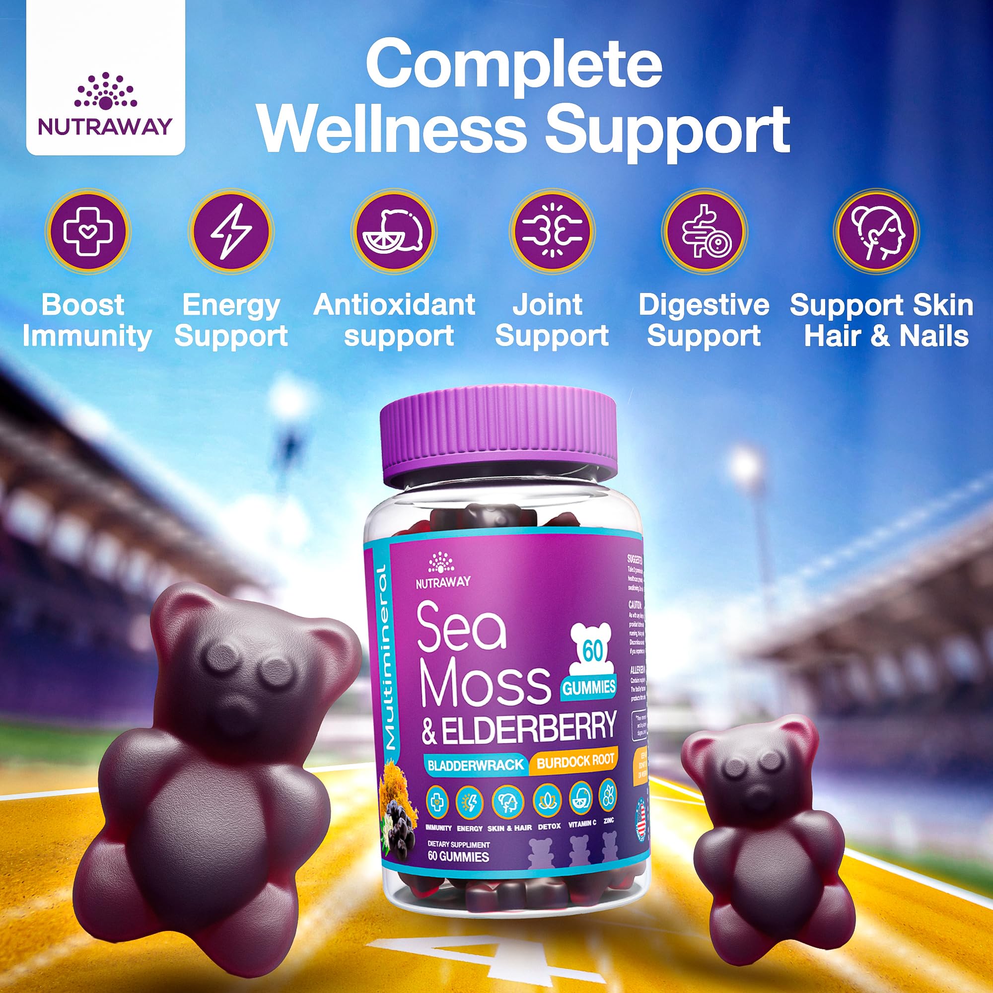 NUTRAWAY LABS Sea Moss Gummies with Elderberry, Vitamin C & Zinc - 102 Minerals from Irish Sea Moss, Bladderwrack & Burdock Root for Immune Support - Vegan Seamoss Supplement (Pack of 1) NUTRAWAY LABS uk supplements