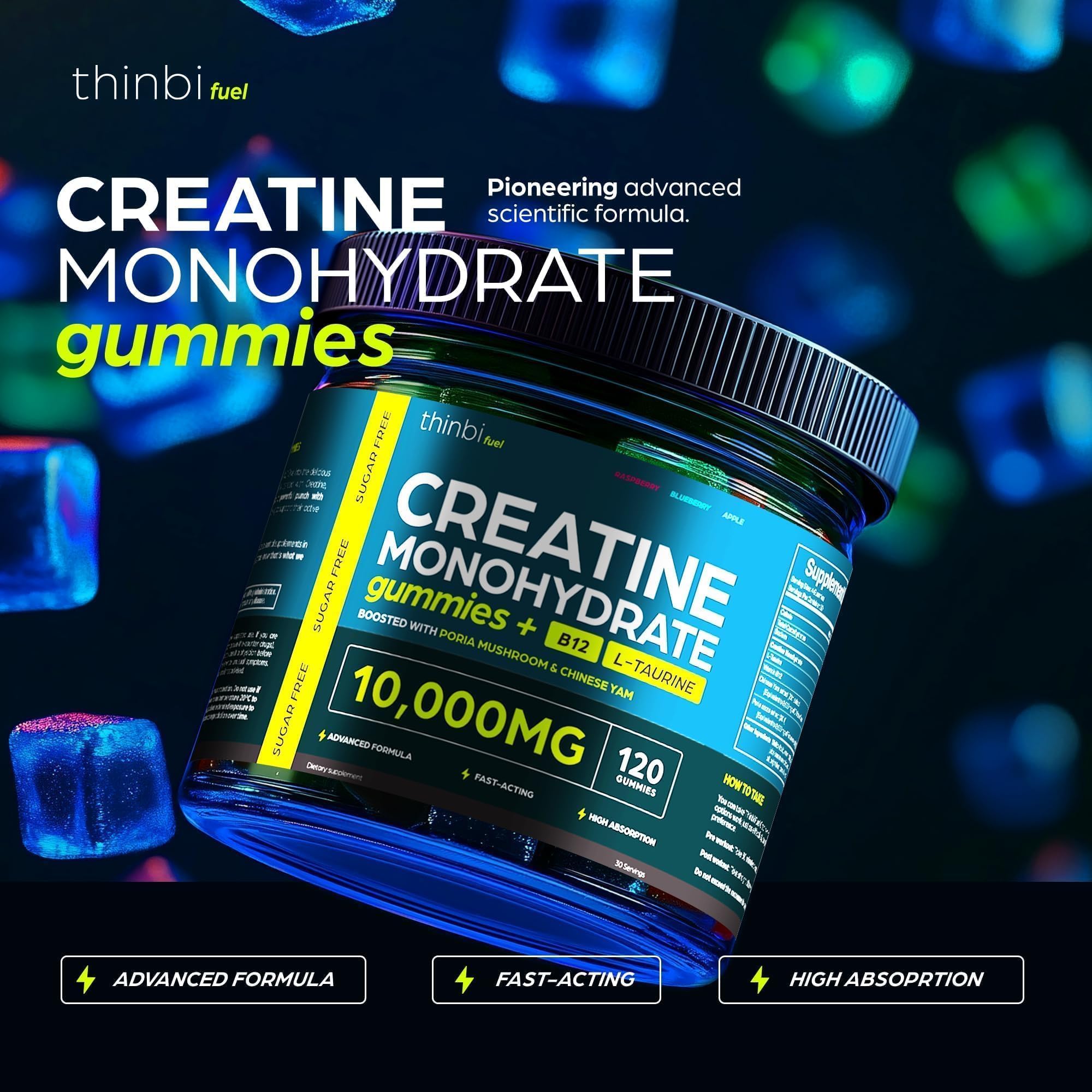 Creatine Gummies Monohydrate Complex 10,000mg for Men & Women -120 Gummies Advanced Formula W/L-Taurine + Vitamin B12 for Muscle Strength, Muscle Builder, Energy Boost, Pre-Workout Supplement -Thinbi Thinbi uk supplements