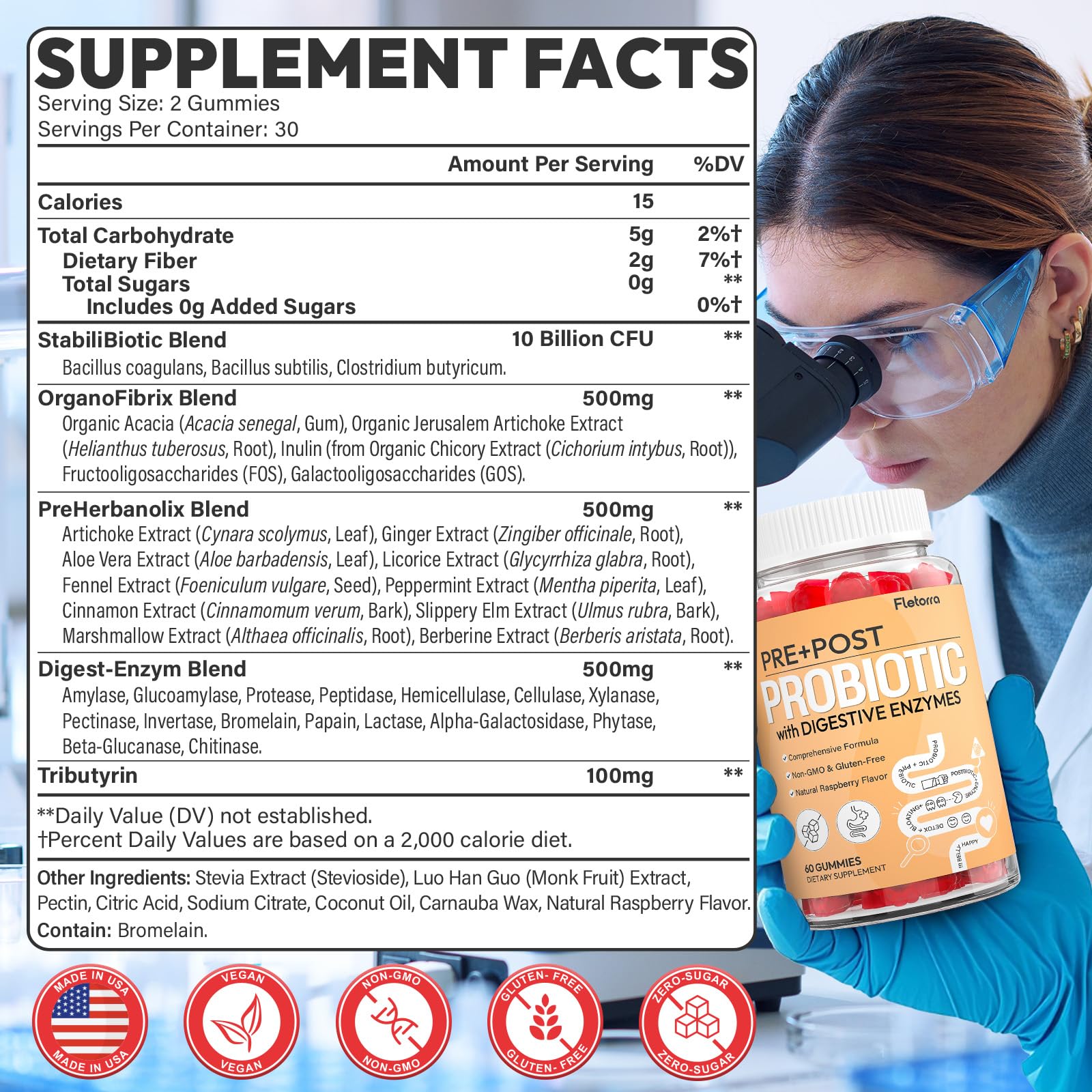 Probiotics for Women and Men, with 15 Prebiotics, 16 Digestive Enzymes & Postbiotics - Probiotics for Digestive Health & Bloating, Probiotic Gummies for Gut Health & Immunity, Sugar-Free, 60 Gummies Fletorra uk supplements