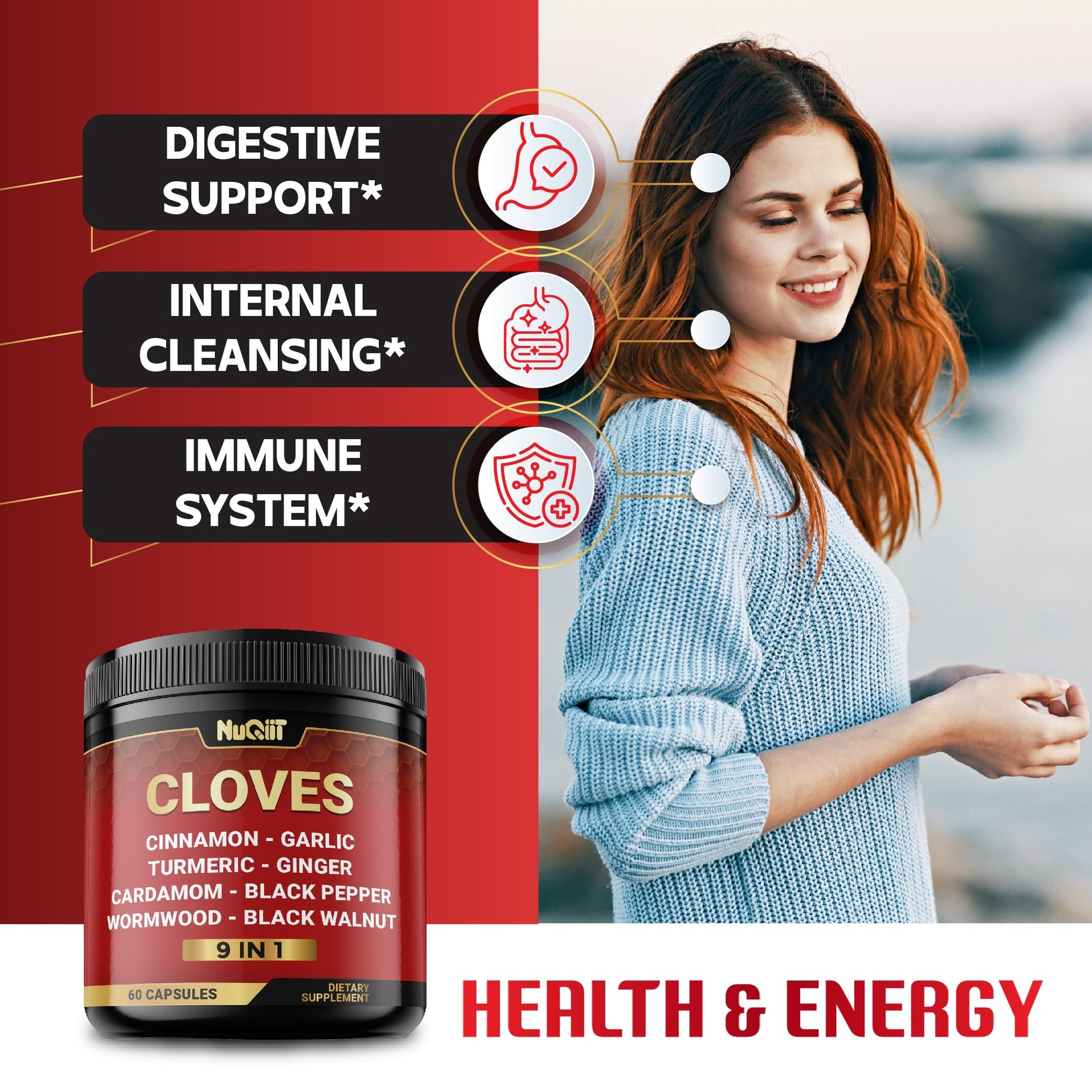 9in1 Clove Supplement Rich in Vitamins & Minerals for Digestive, Immune System, Bone & Heart Health with Cinnamon, Turmeric, Ginger, Cardamom, Garlic, Wormwood, Black Walnut - 60 Capsules - 30 Days NUQIIT uk supplements