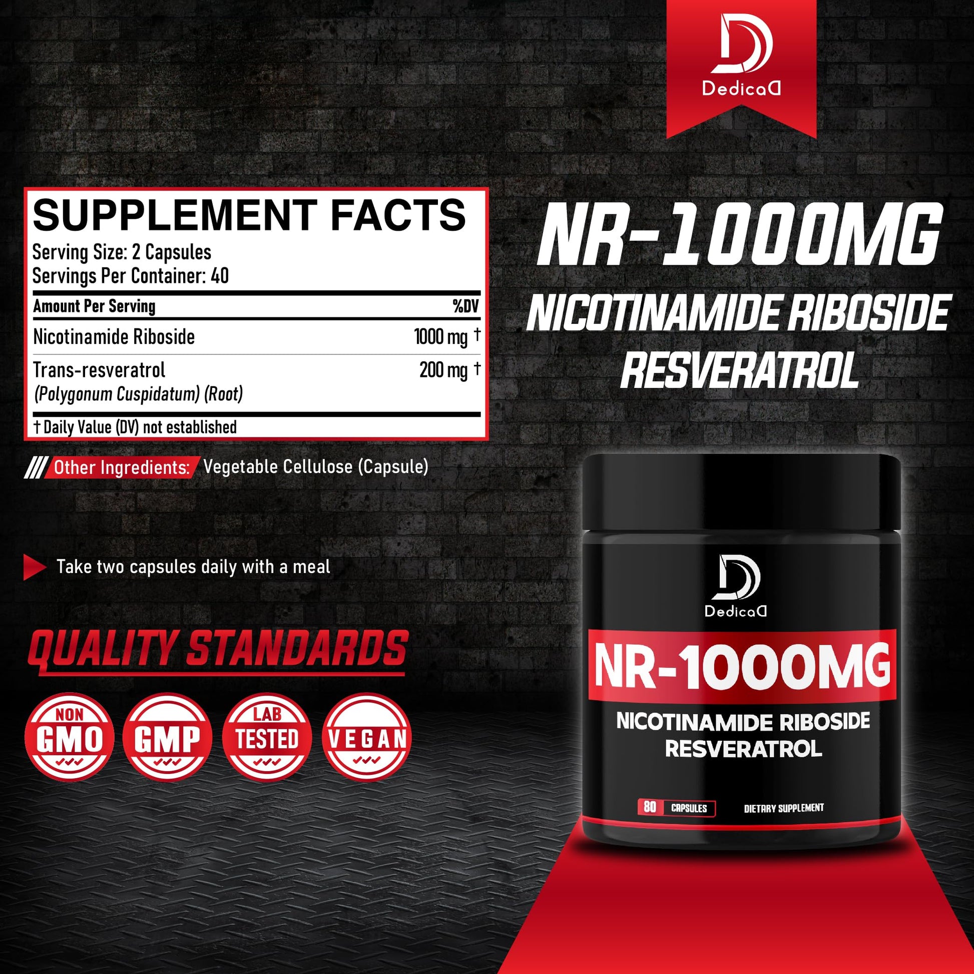 DEDICAD NAD Supplement with Nicotinamide Riboside and Trans Resveratrol - NR for Men & Women - 80 Capsules DEDICAD uk supplements