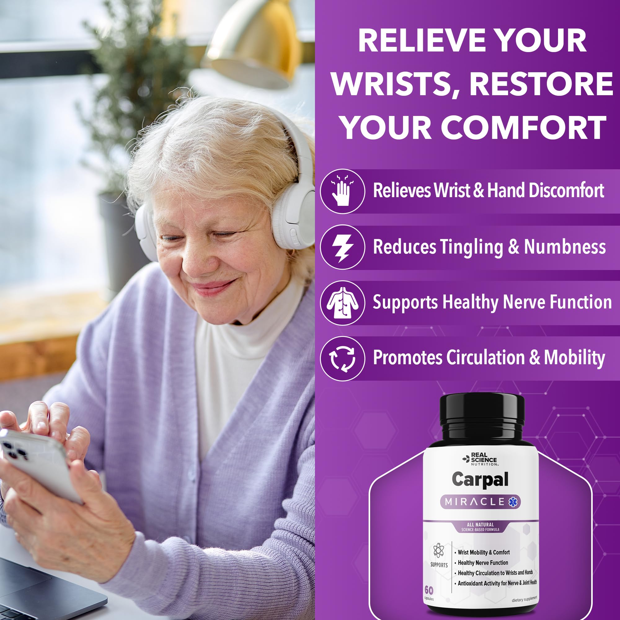 Real Science Carpal Miracle – All Natural Carpal Tunnel Relief & Wrist Support Supplement with Vitamins B6, B12, C, D, K + GABA – Hand & Nerve Comfort – Made in USA, 60 Caps Real Science Nutrition uk supplements