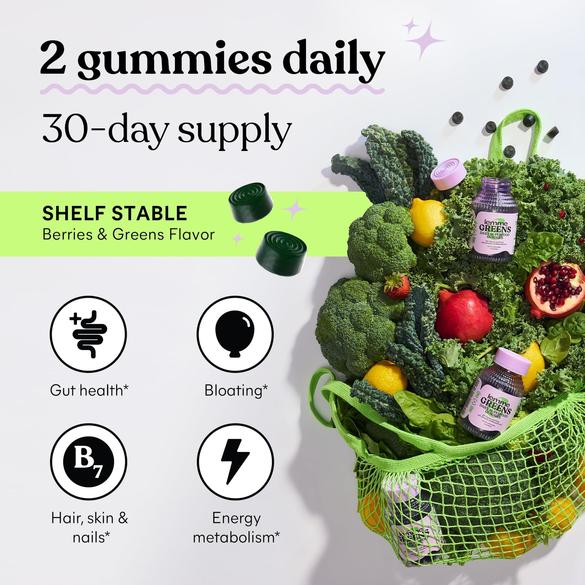 Lemme Greens Superfood Gummies w/Multi - Support Gut Health & Reduce Bloating, 20+ Organic Greens and Superfruits, Clinically Studied Probiotics, D3, B12 - Berries & Greens Flavored (60 Count) Lemme uk supplements