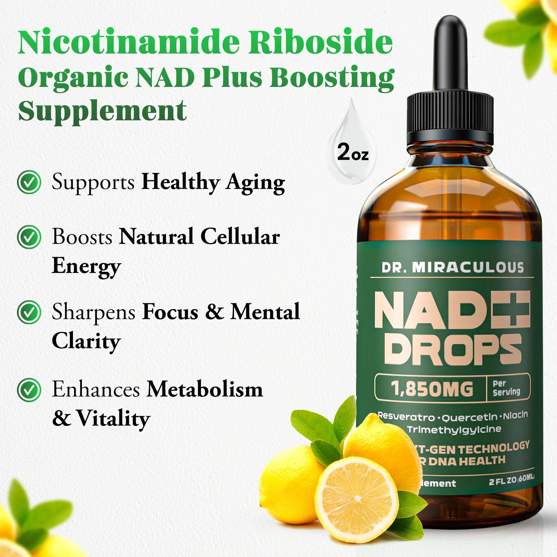 Dr. Miraculous Pure NAD+ Supplements 1850mg Liquid Drops for Women & Man | Nicotinamide Riboside Organic NAD Plus Boosting Supplement - Natural Lemon Flavor Dr. Miraculous uk supplements