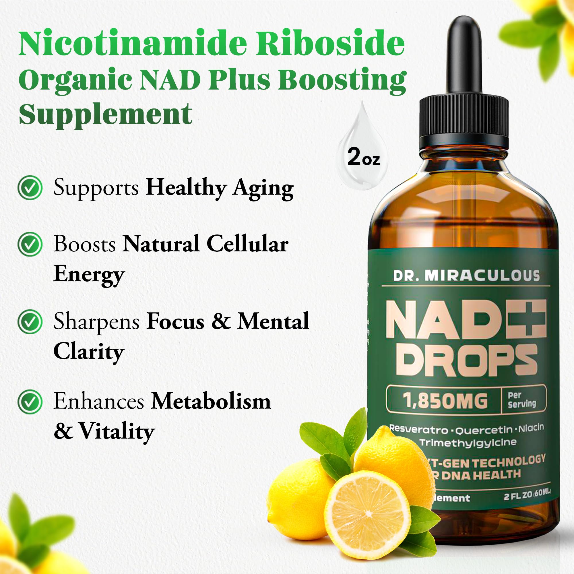 Dr. Miraculous Pure NAD+ Supplements 1850mg Liquid Drops for Women & Man | Nicotinamide Riboside Organic NAD Plus Boosting Supplement - Natural Lemon Flavor Dr. Miraculous uk supplements