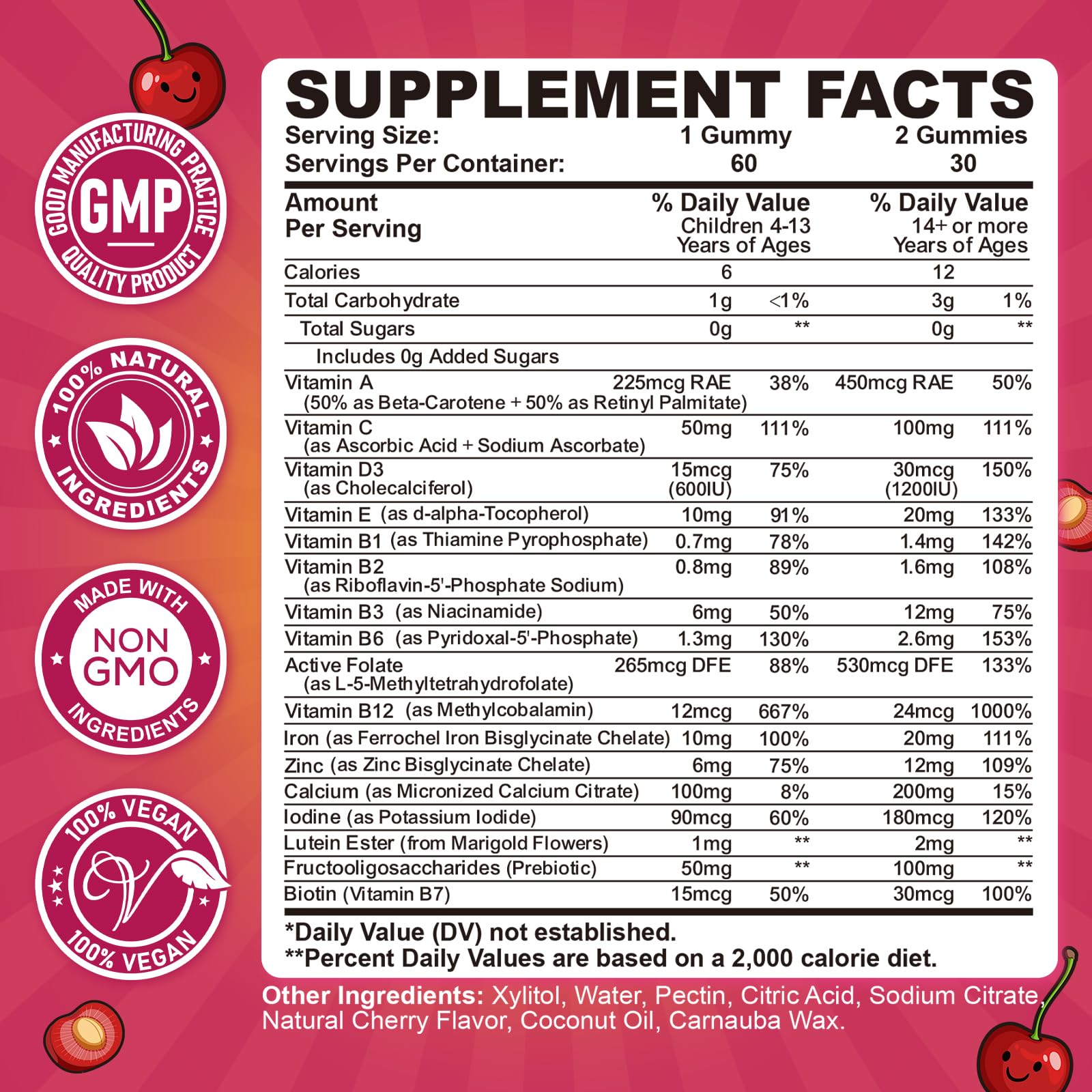 Iron Gummies for Kids & Teens, Kids Multivitamin with Iron Supplement, Calcium, Folate, Zinc, Prebiotic - for Blood Builder & Energy Support, Iron Deficiency - Vegan & Non-GMO - 60 Count Cherry CFILIHTC uk supplements