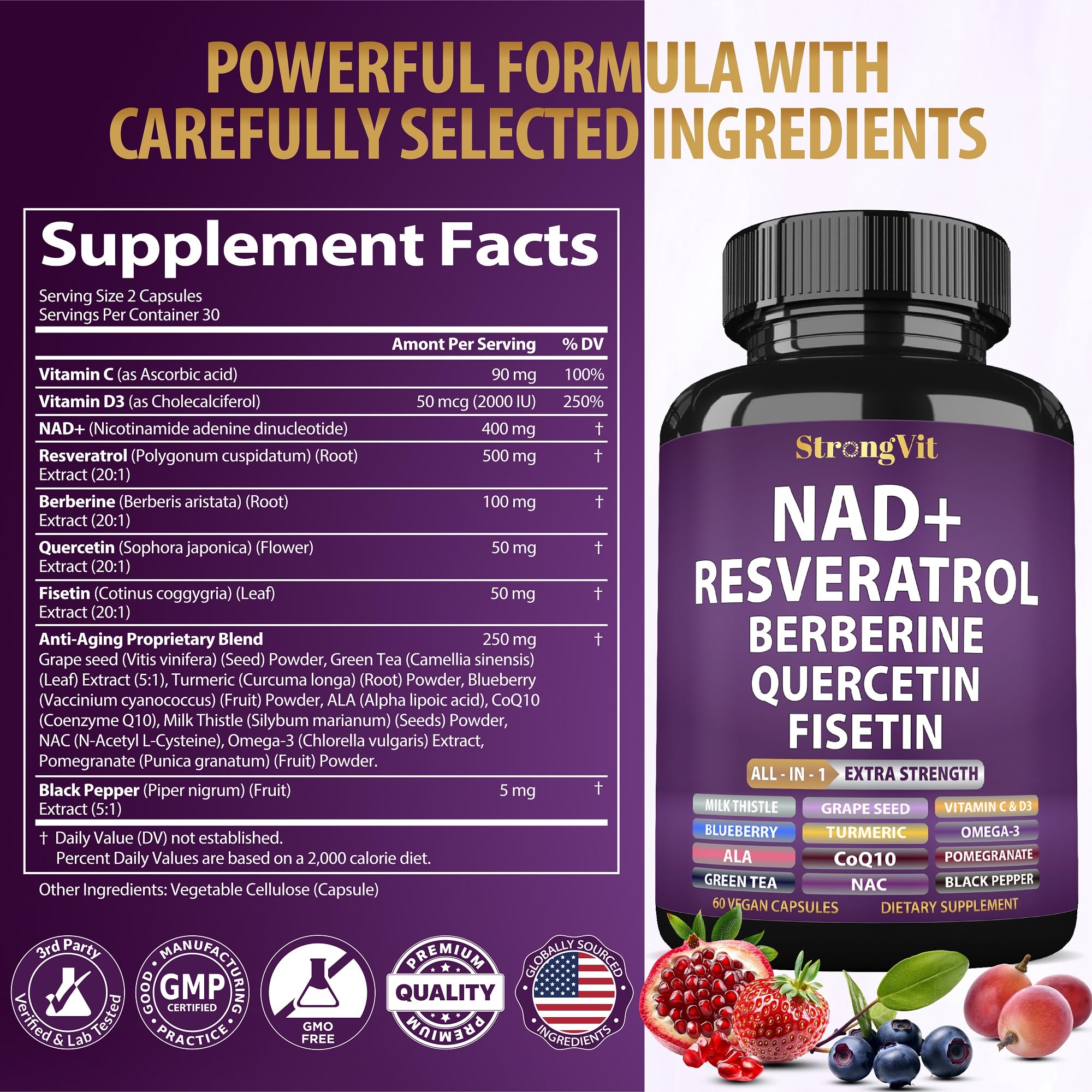NAD Resveratrol Supplement with Berberine, Quercetin, CoQ10. Anti-Aging Formula for Women & Men. Liposomal NAD Plus, NAD+ Booster, Pure Organic Vitamin, USA StrongVit uk supplements