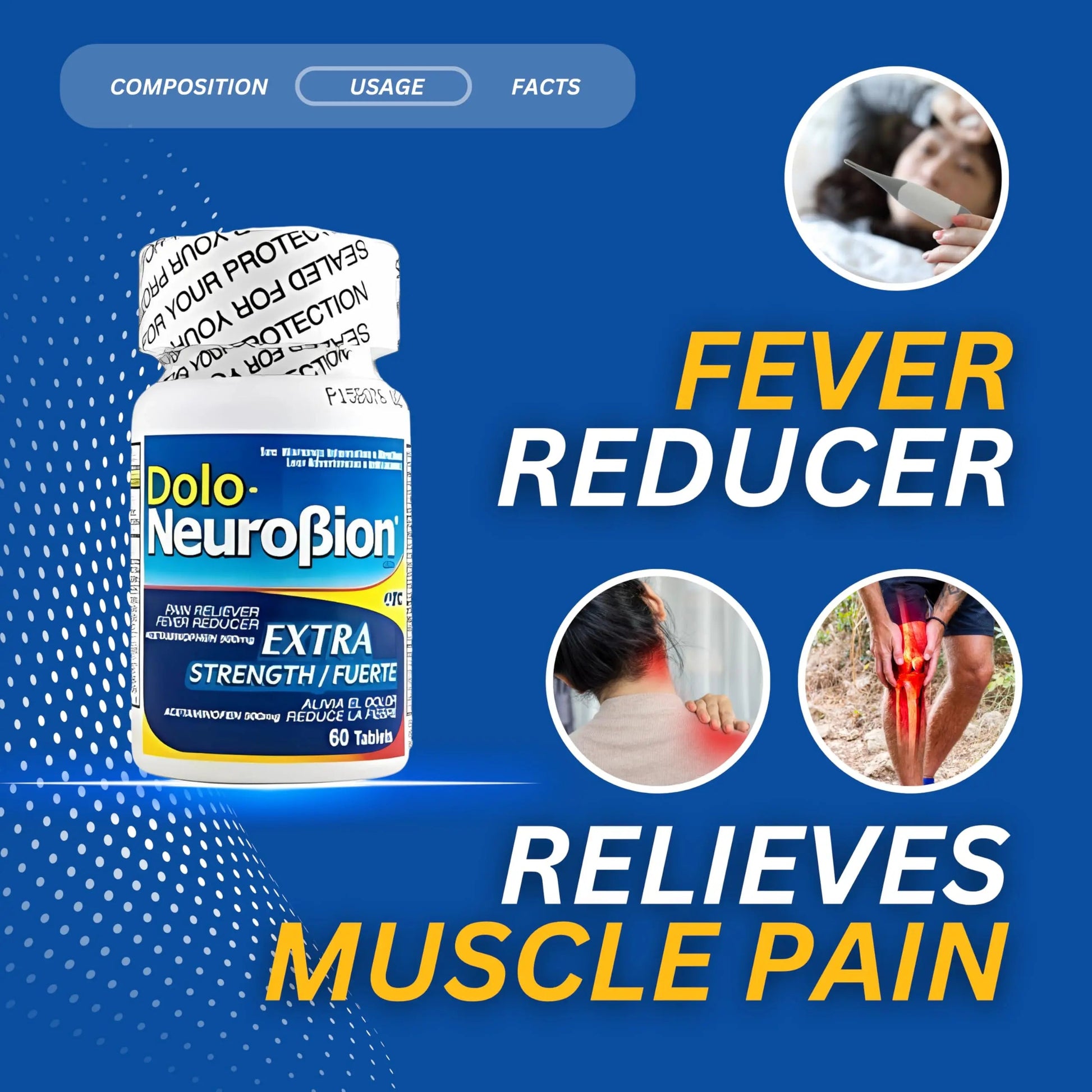 Dolo Neurobion Pain Reliever, Fever Reducer, Extra Strength. Alivia el Dolor,Reduce la Fiebre, Extra Fuerte. 60 Tablets. Acetaminophen 500 mg Neurobion uk supplements