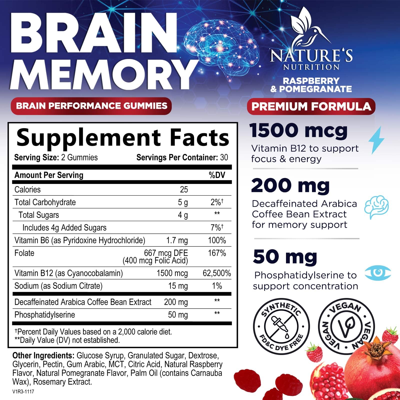 Brain Supplements for Memory & Focus Gummies - Brain Health Clarity with B6 B12 & Phosphatidylserine - Natural Nootropics Cognitive Concentration & Alertness Support Vitamins - 60 Vegan Gummies Nature's Nutrition uk supplements