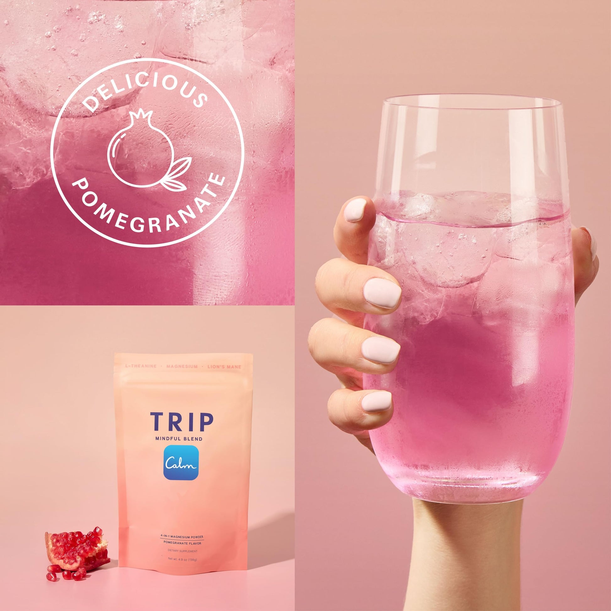 TRIP Magnesium Glycinate Powder with L-Theanine & Lion’s Mane, Sugar Free Magnesium Supplement for Adults, 250mg Magnesium per Drink Mix Serving, Pomegranate Orange Blossom, 1 Bag - 30 Servings TRIP uk supplements