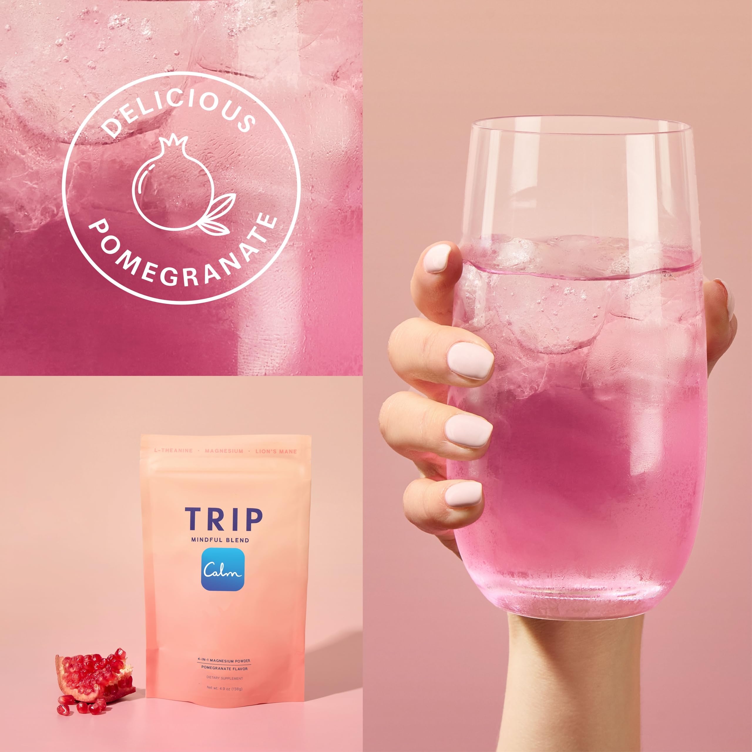 TRIP Magnesium Glycinate Powder with L-Theanine & Lion’s Mane, Sugar Free Magnesium Supplement for Adults, 250mg Magnesium per Drink Mix Serving, Pomegranate Orange Blossom, 1 Bag - 30 Servings TRIP uk supplements