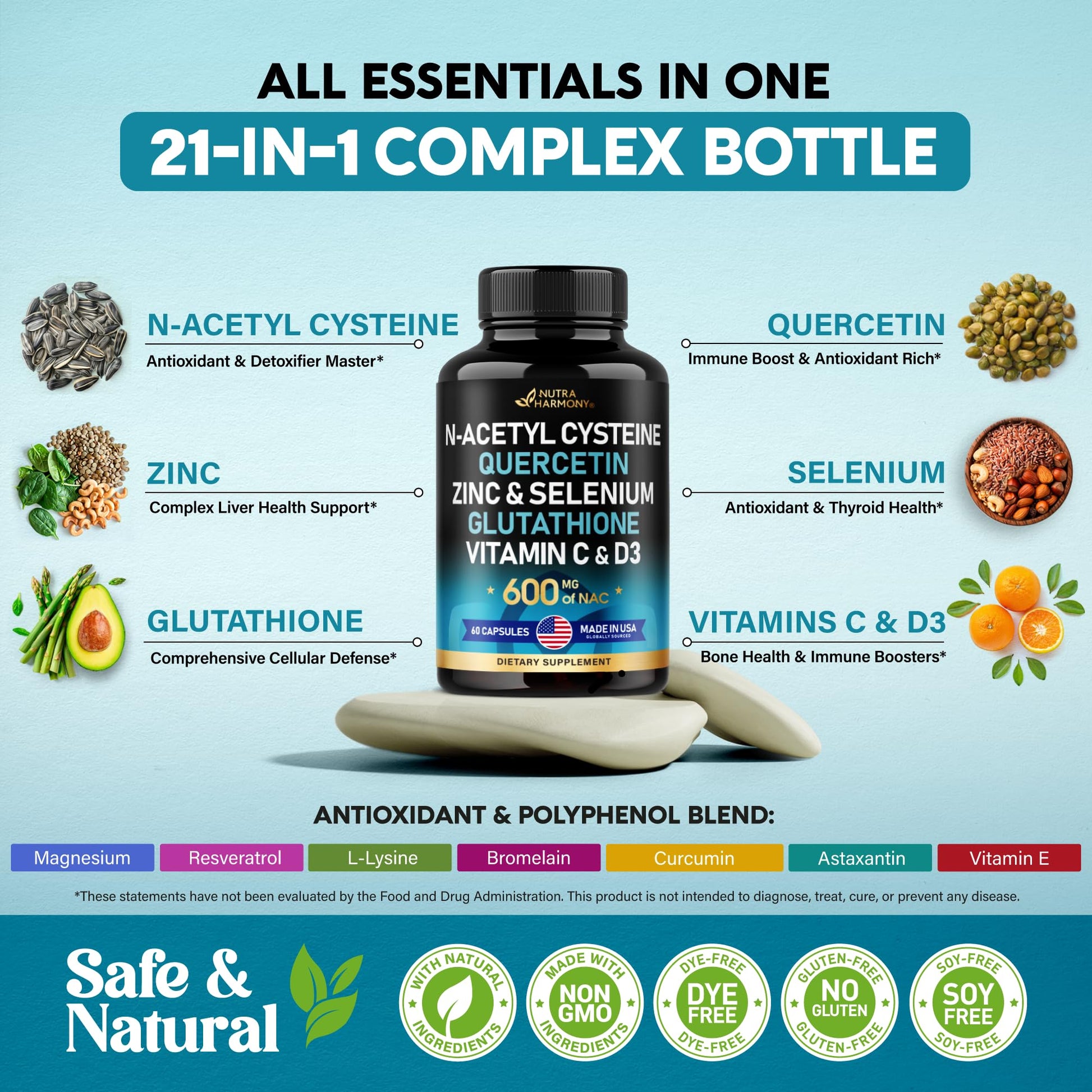 NAC 600 mg Supplement | Quercetin | Zinc | Glutathione | Selenium | Vitamin C & D3 NUTRAHARMONY uk supplements