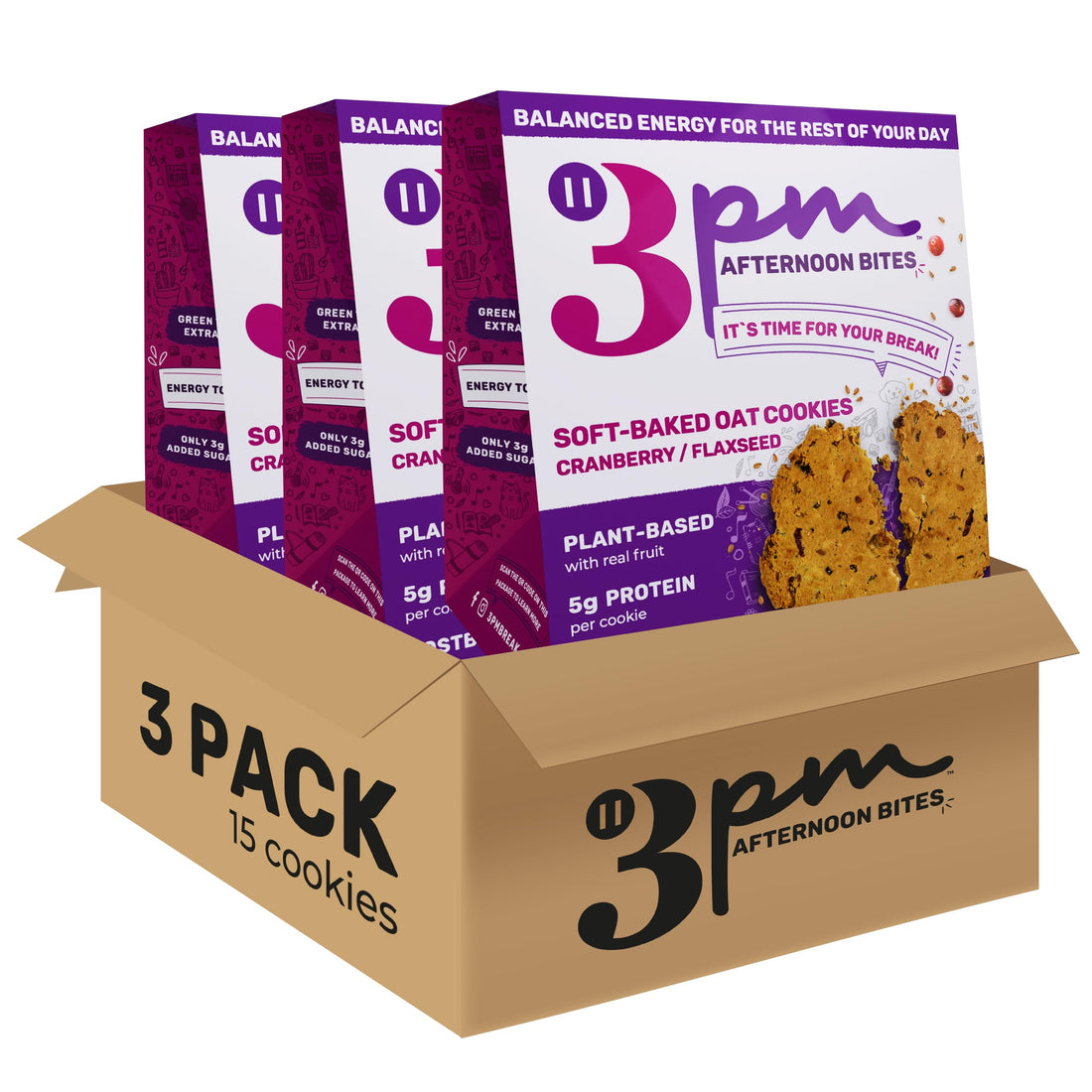 3PM Afternoon Bites Cranberry Flaxseed Cookies with Postbiotics, 5g of Protein, 15 Cookies 3PM AFTERNOON BITES uk supplements