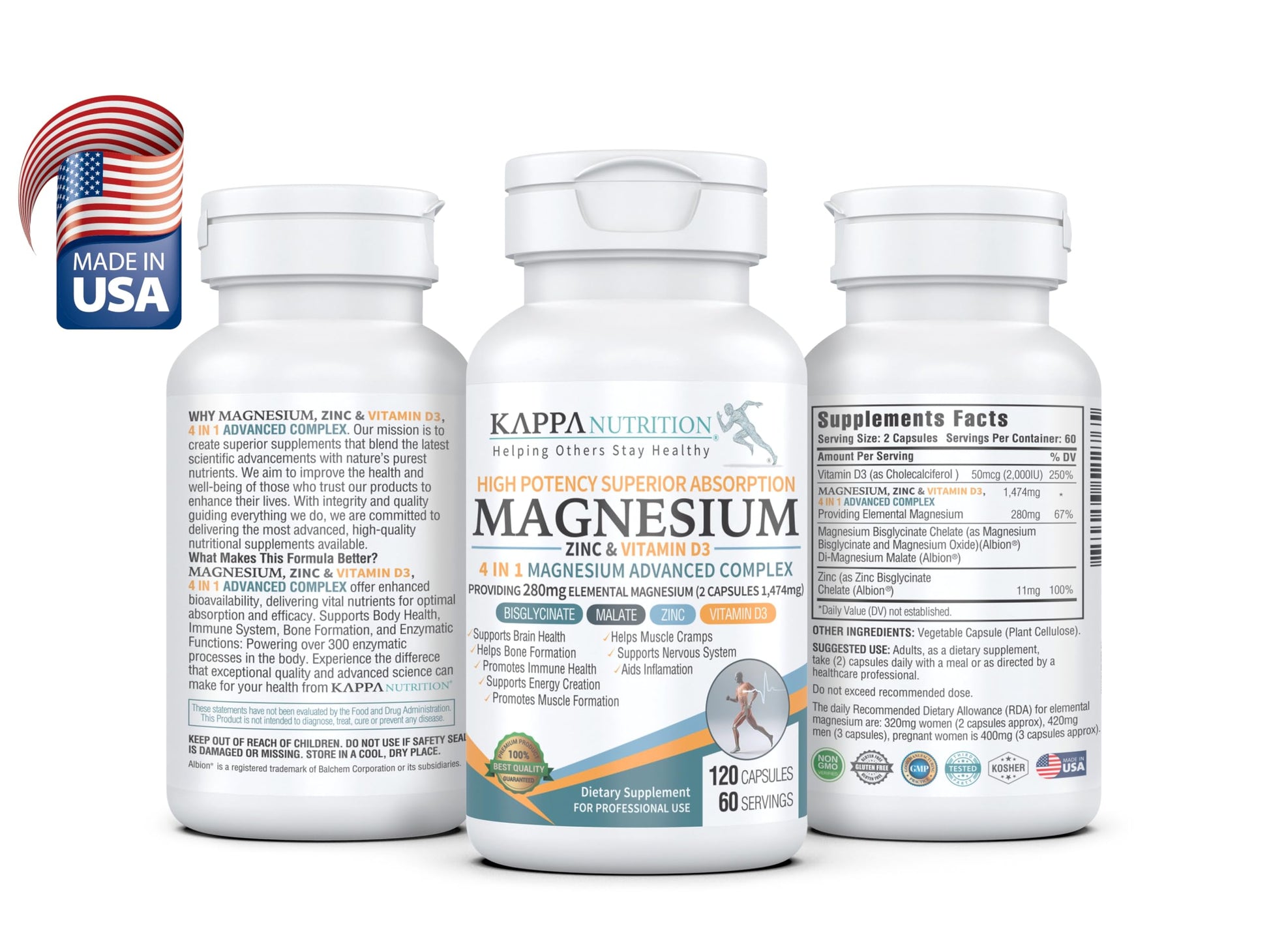 Kappa Nutrition Magnesium 4-in-1, 280mg Elemental Magnesium (Bisglycinate, Malate) + Zinc & Vitamin D3, Brain, Sleep, Energy, Muscle, Immune Support, 120 Vegan Capsules. KAPPA NUTRITION uk supplements