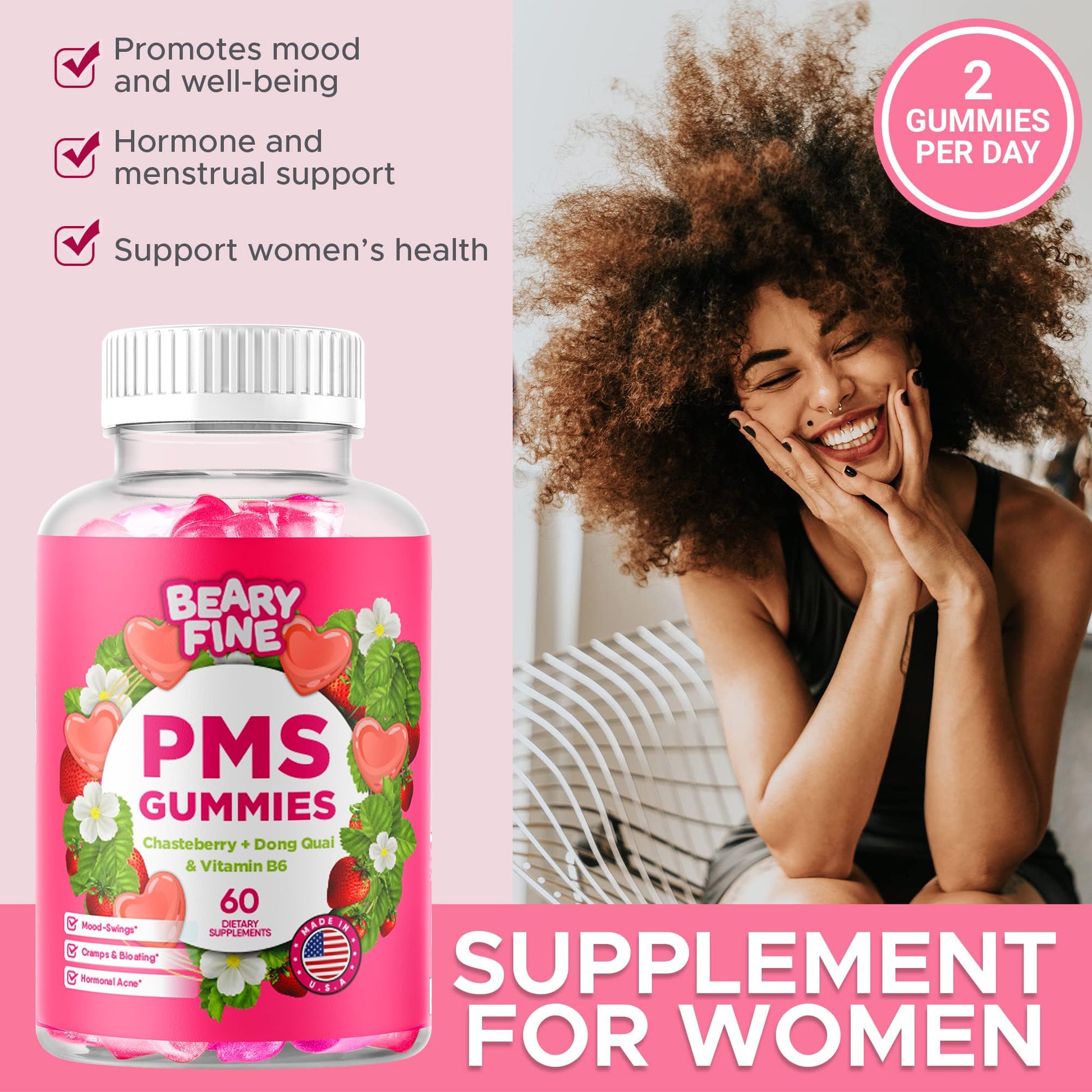 Beary Fine PMS Gummies - PMS Vitamins for Women & Teens - PMS Period Relief - Cramping, Bloating, Mood Swings - Made in The USA (Strawberry, 60 Count) Beary Fine uk supplements