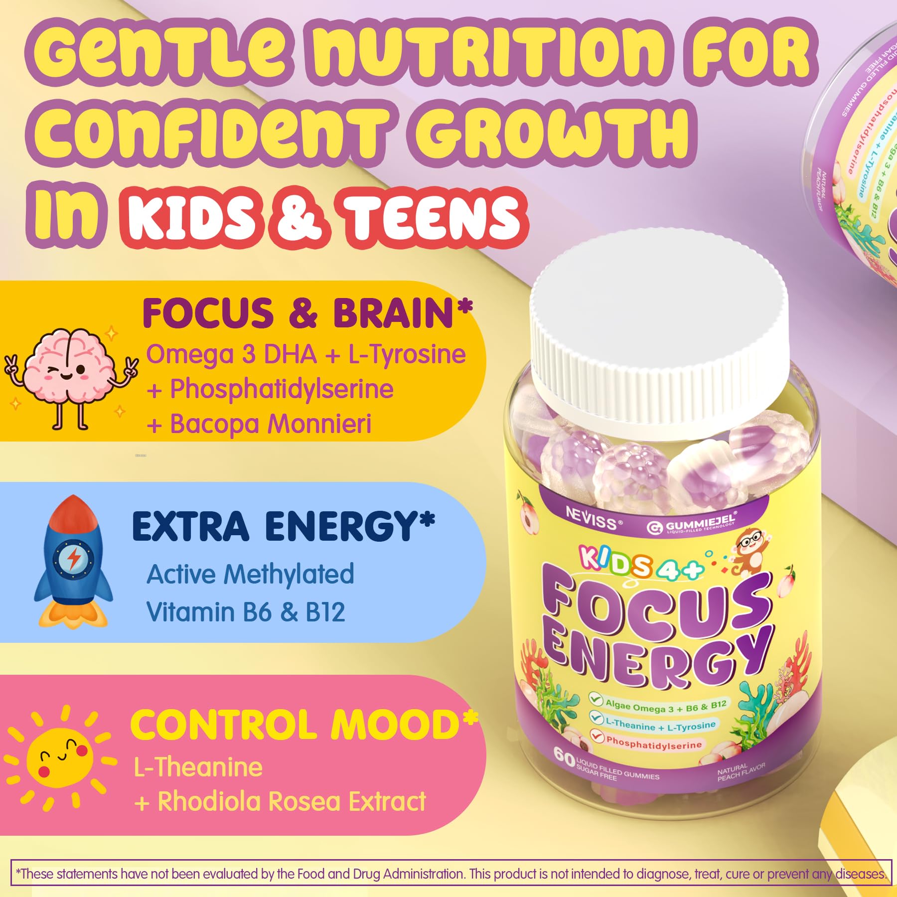 Kids Focus Gummies - Brain Supplements with Vegan Omega 3 DHA, Phosphatidylserine, L-Theanine, L-Tyrosine, Methylated B6 & B12 for Kids & Teen Support Attention, Memory, Nootropic, Sugar Free 60cts NEVISS uk supplements
