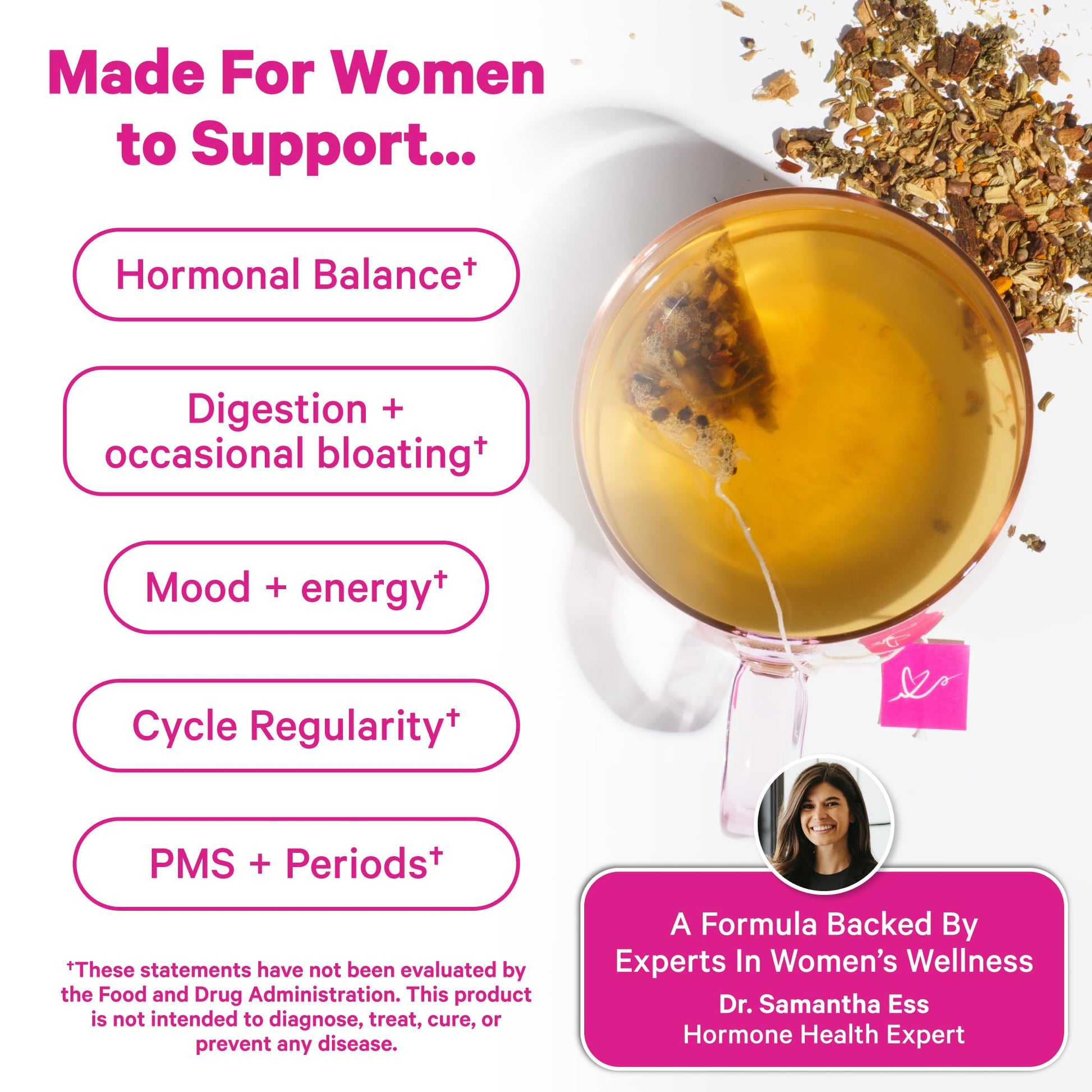 Pink Stork Organic PMS Tea for Hormone Balance, Mood Swings, Bloating, and Period Regularity - 8 Herbs - Vitex, Red Raspberry Leaf, Chamomile - Caffeine-Free - 15 Sachets, Hot or Iced Pink Stork uk supplements