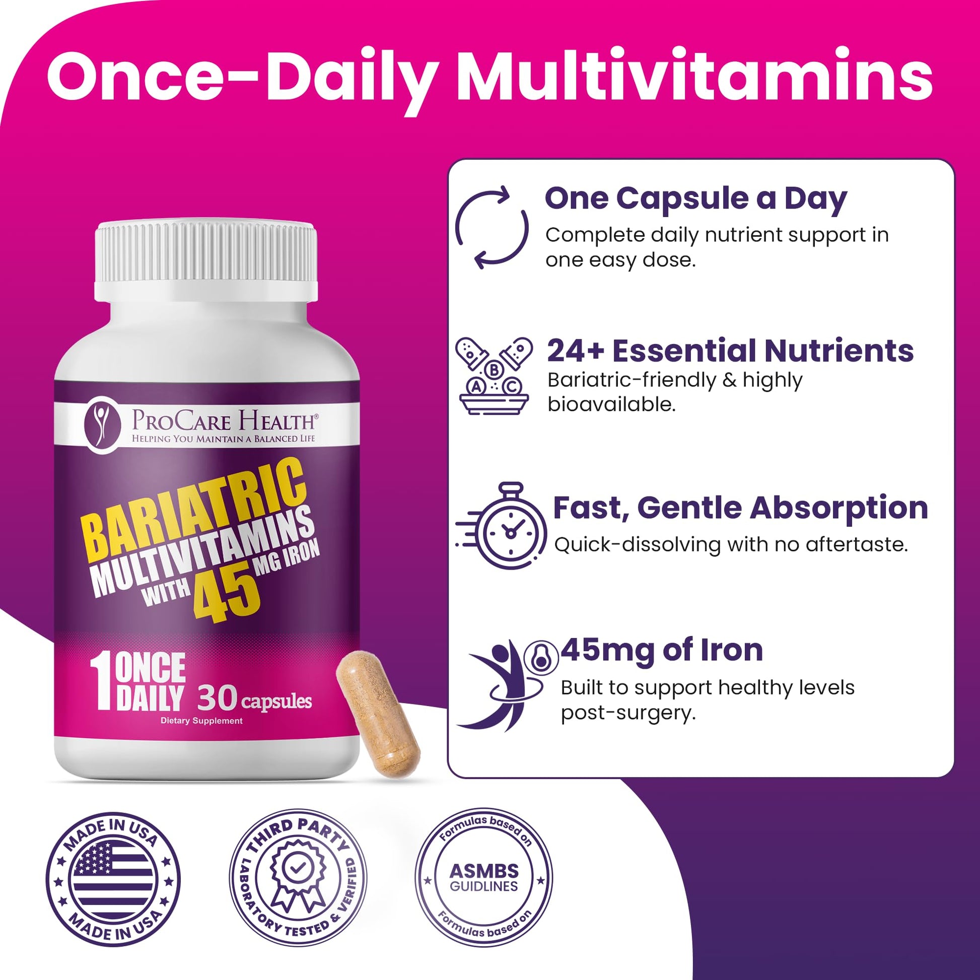 ProCare Health Bariatric Multivitamin with 45mg Iron (30 Easy to Swallow Capsules) - Once Daily Post-Op Support for Gastric Bypass ProCare Health uk supplements
