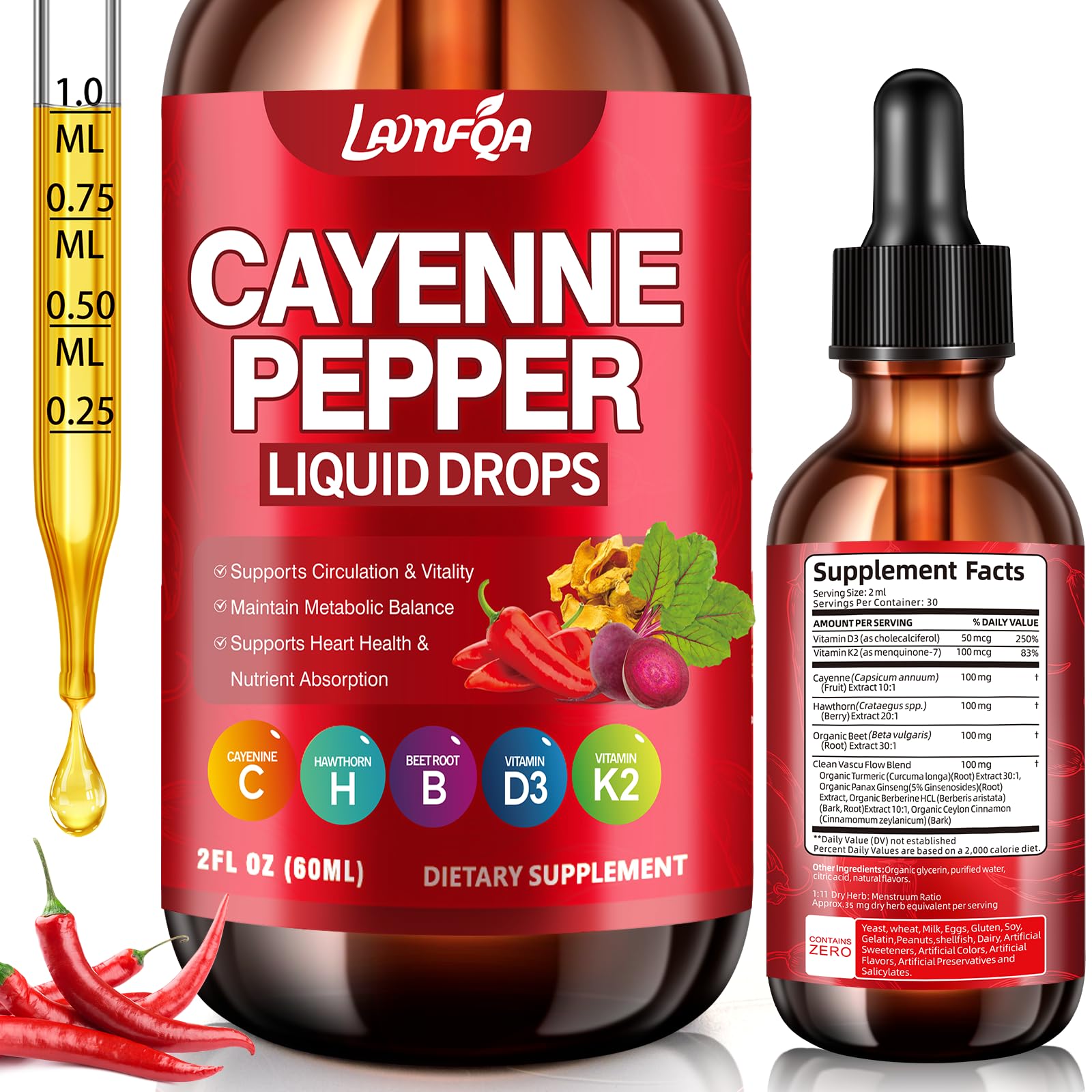 Cayenne Pepper Liquid Drops - Potent Blend with Hawthorn Berry, Turmeric Curcumin, Vitamin D3 K2, Beet Root & Panax Ginseng - Vegan, Non-GMO, High Absorbed Gentle Formula - 2 OZ LAMFQA uk supplements