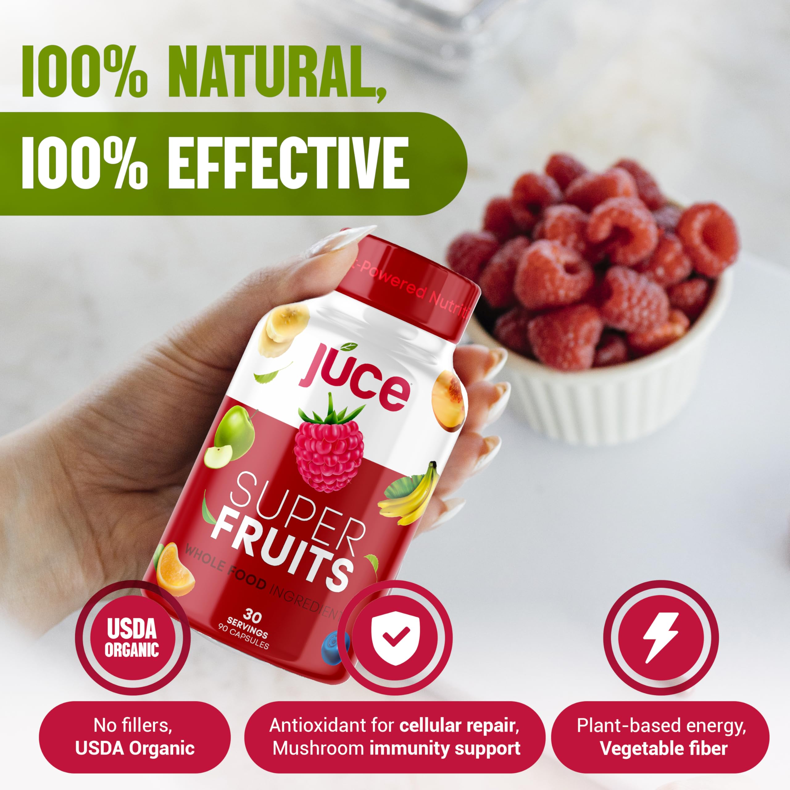 Juce Original Formula - Organic Super Fruit & Veggies Supplement - Gluten/Gelatin Free, Soy Free & Vegan- Reds & Greens Superfood Capsules- 23 Fruits & 23 Vegetables (180 Count)- By Terra Kai Organics Terra Kai Organics uk supplements