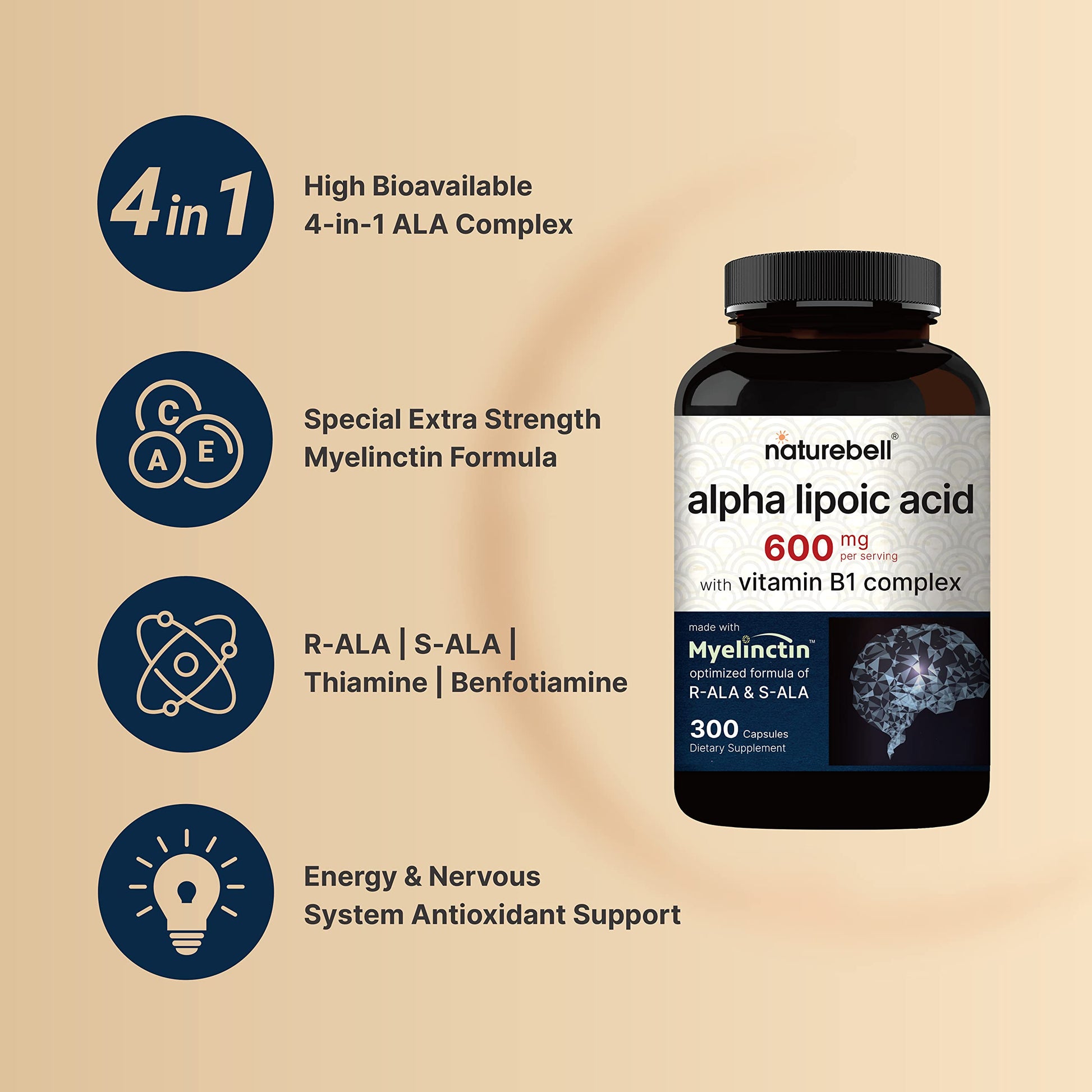 NatureBell Alpha Lipoic Acid 600mg Per Serving | 300 Capsules - with Vitamin B1 NatureBell uk supplements
