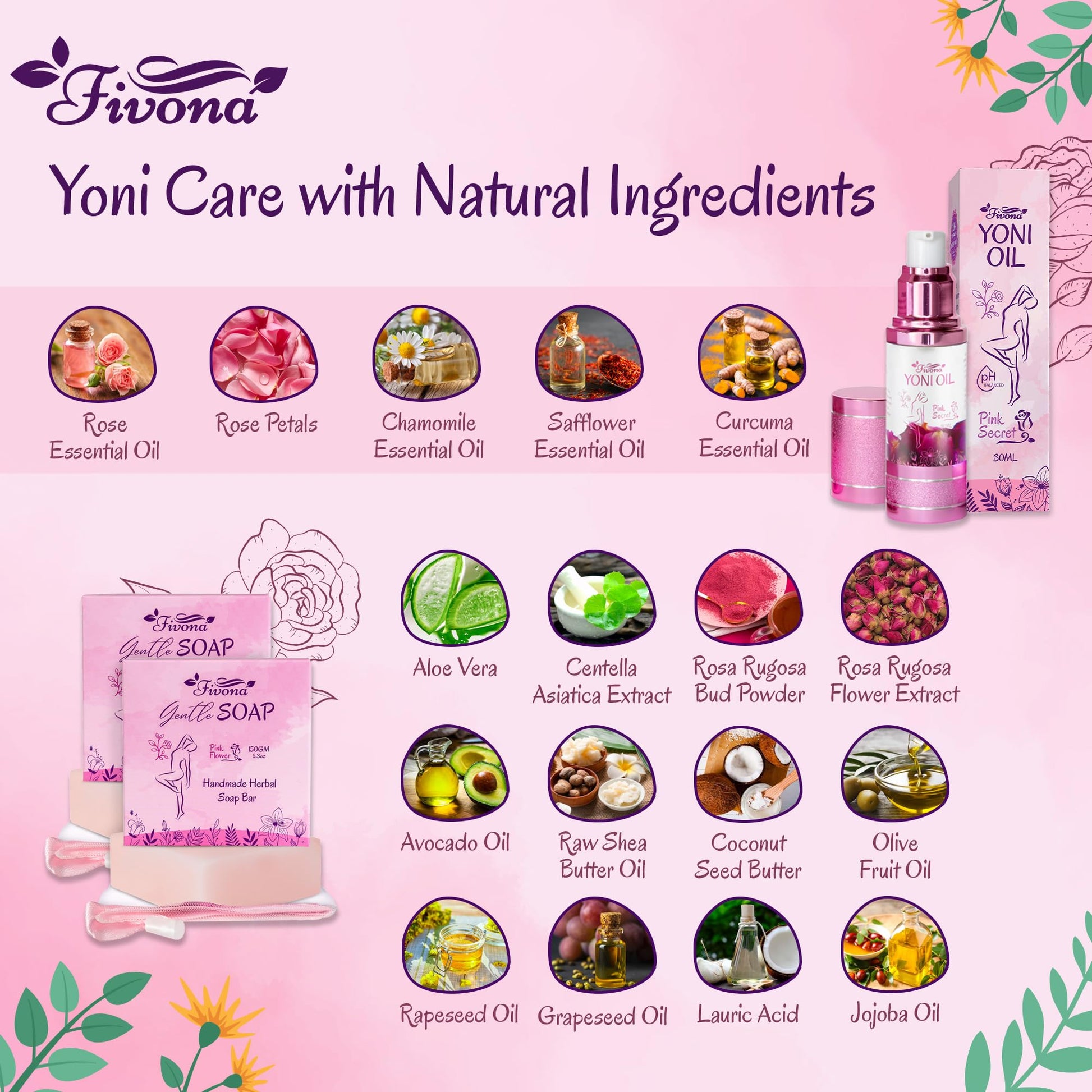 FIVONA 3 in 1 Set of Yoni Oil with 2 Yoni Soap Bars - Feminine pH Balanced Natural Vaginal Oil 30 ml FIVONA uk supplements