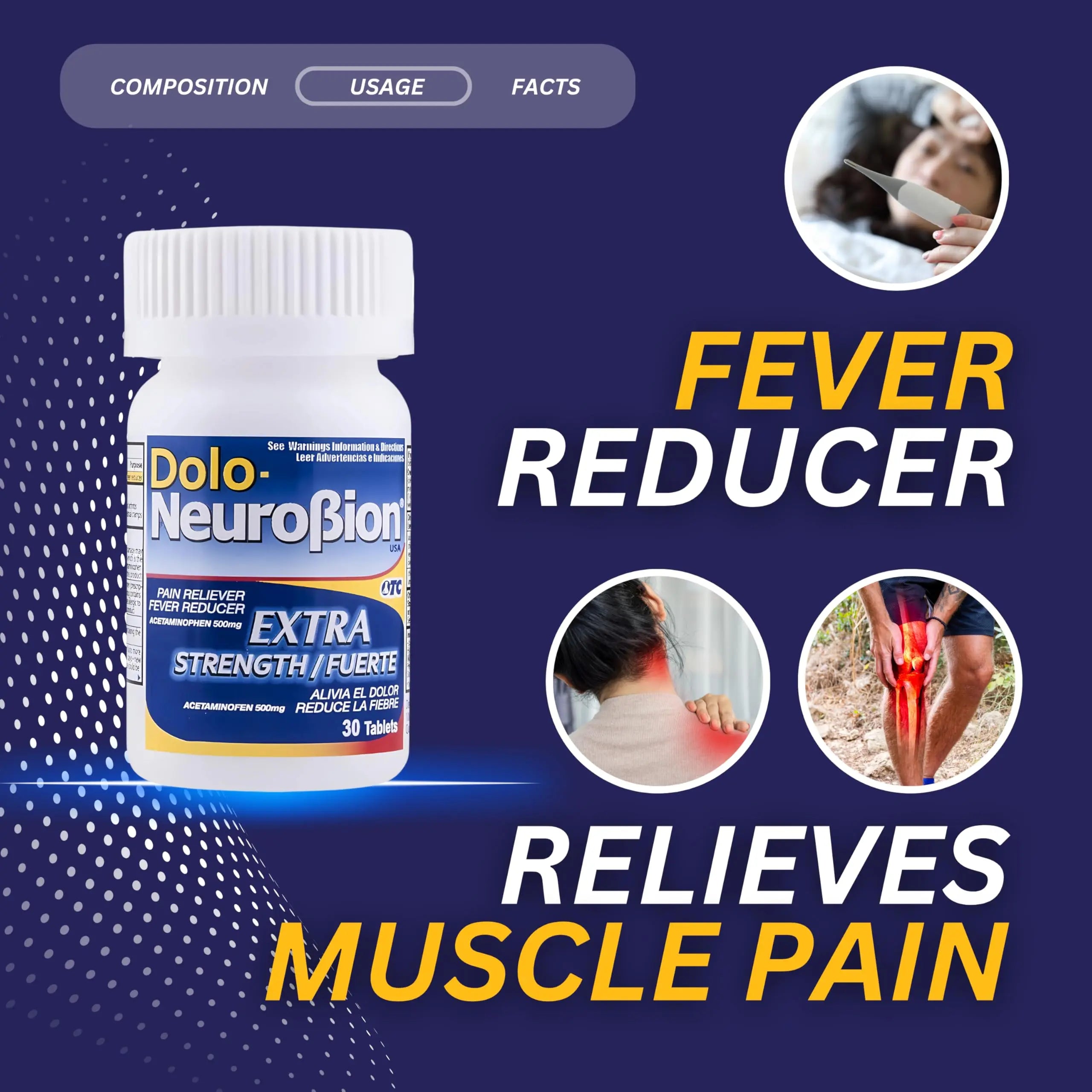 Dolo Neurobion 30 Tablets - Pain Reliever, Fever Reducer, Extra Strength, Fuerte, Alivia el Dolor, Reduce la Fiebre Neurobion uk supplements