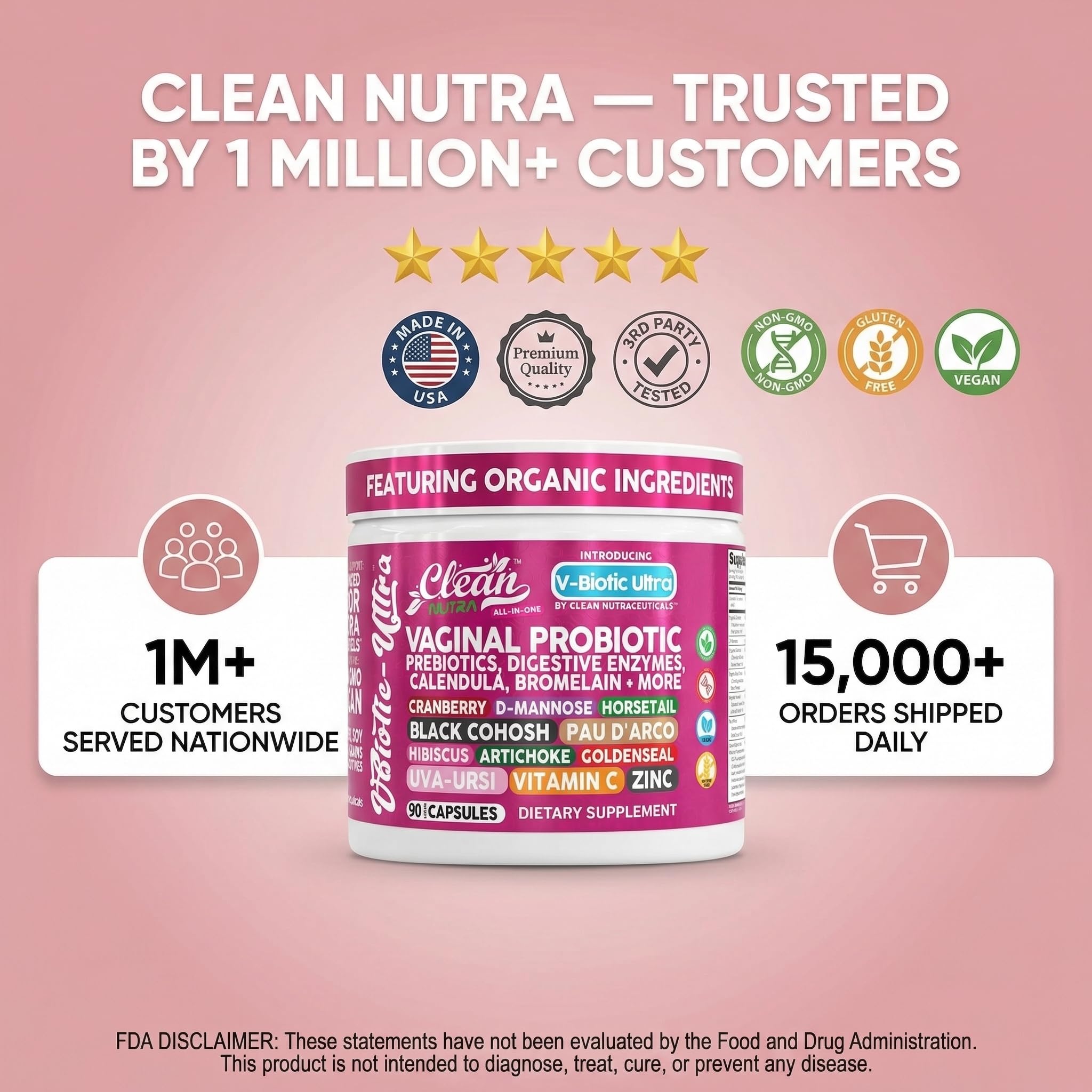 Clean Nutra Vaginal Probiotics for Women + Prebiotics Digestive Enzymes Bromelain Cranberry D Mannose Horsetail Black Cohosh Artichoke Hibiscus Flowers Probiotic for Digestive Health 90 Vegan Capsules Clean Nutraceuticals uk supplements