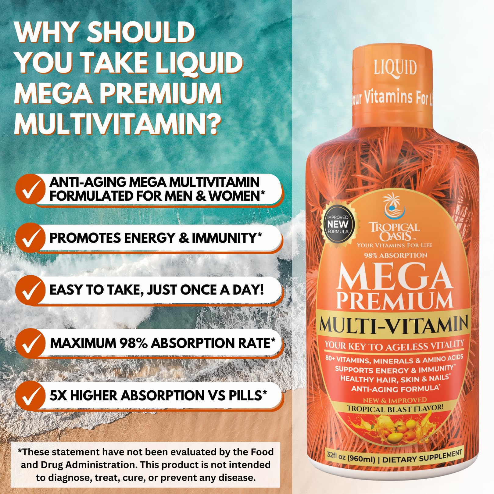 Mega Premium Liquid Multivitamin | Natural Immune Support Vitamin w/ 1333% Vitamin C, 200% D3, Zinc + 20 Vitamins, 70 Minerals, & 21 Amino Acids | Sugar Free | Orange Flavor | 98% Absorption | 32 Serv Tropical Oasis uk supplements