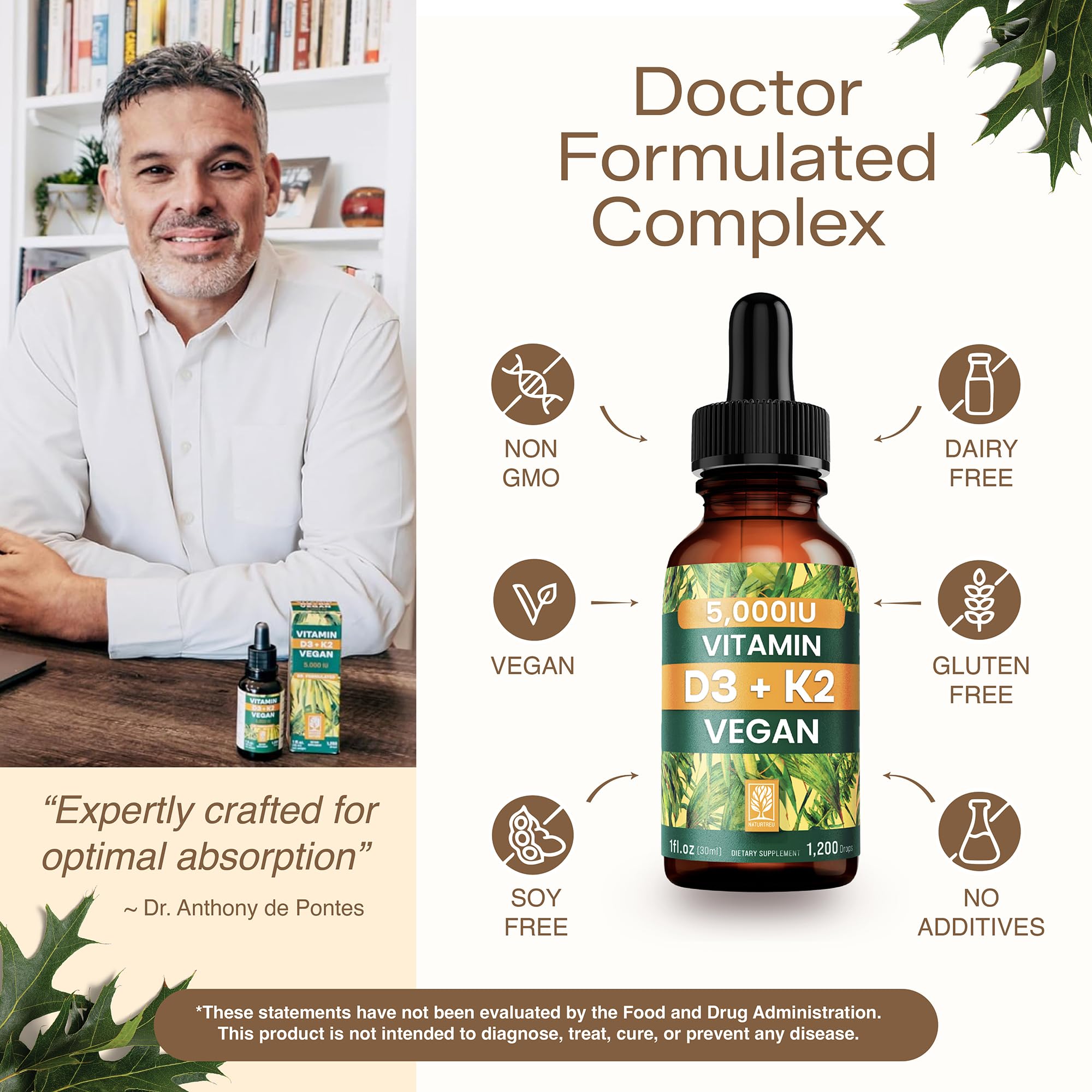 NATURTREU Vegan Vitamin D3 K2 Liquid Drops with MCT Oil for Adults (240 Servings) - Liquid Vitamin D K2 MK7 - All Natural, Non-GMO & Dr Formulated with 3X More Absorption - Third-Party Tested NATURTREU uk supplements