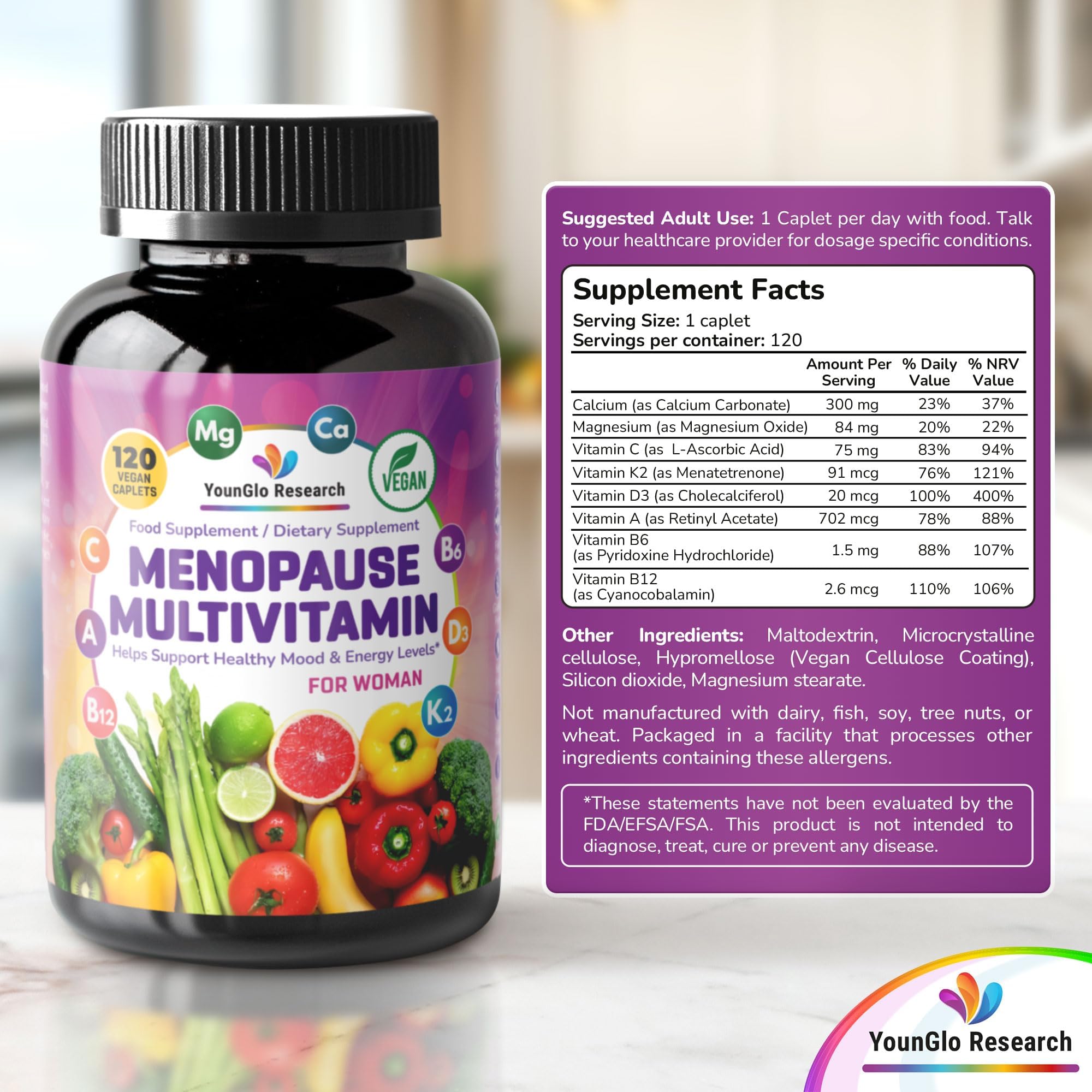 YounGlo Research Menopause Supplement - 120 Vegan Caplets - Menopause & Perimenopause Relief Support - Food and Dietary Vitamins - Multivitamin for Women YounGlo Research uk supplements