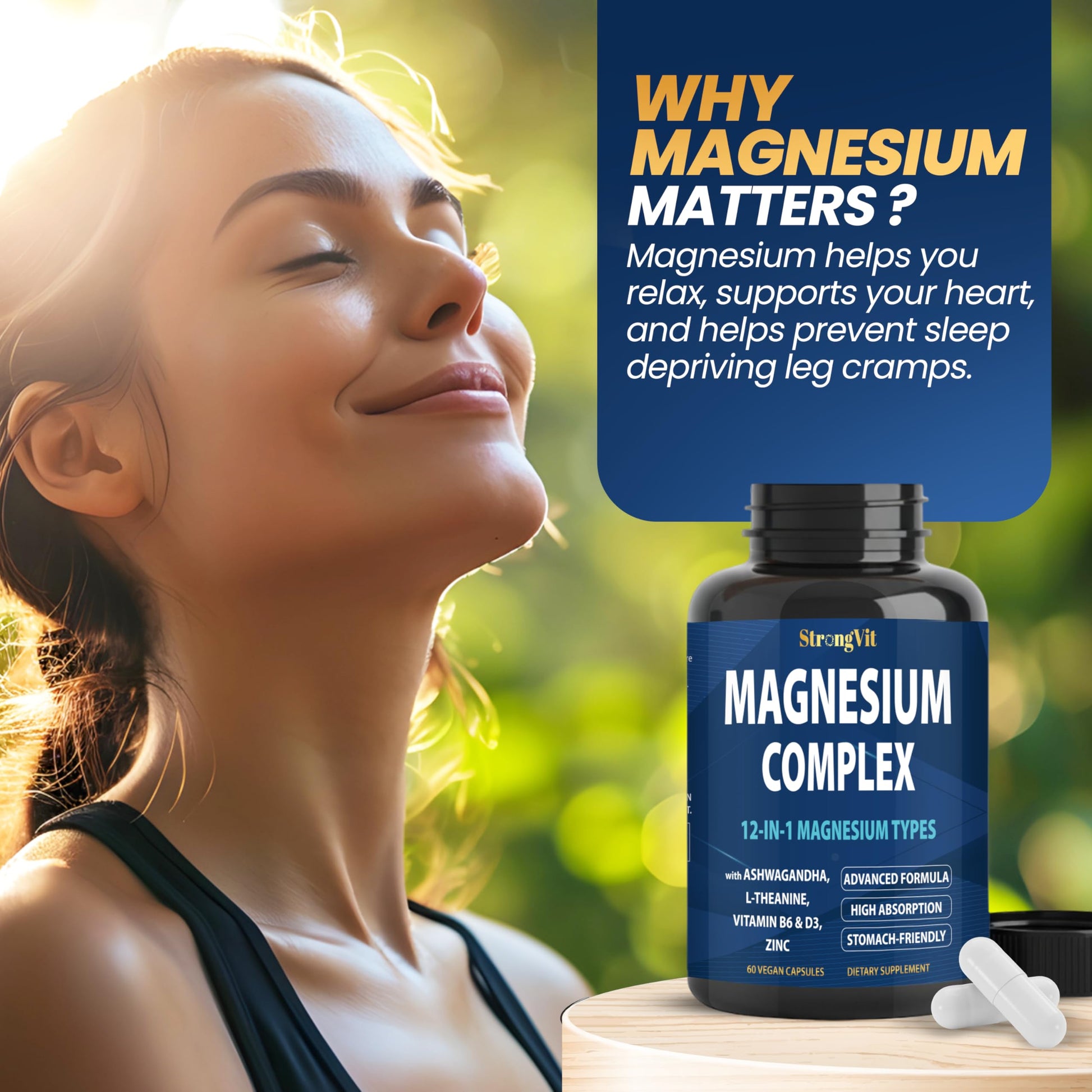 1000mg Magnesium Complex for Women and Men, 12 in 1 Magnesium Supplement with Ashwagandha, Zinc, D3, L-theanine. Easy to Swallow, High Absorption, Sleep Support & Stress Relief (60 Capsules) StrongVit uk supplements