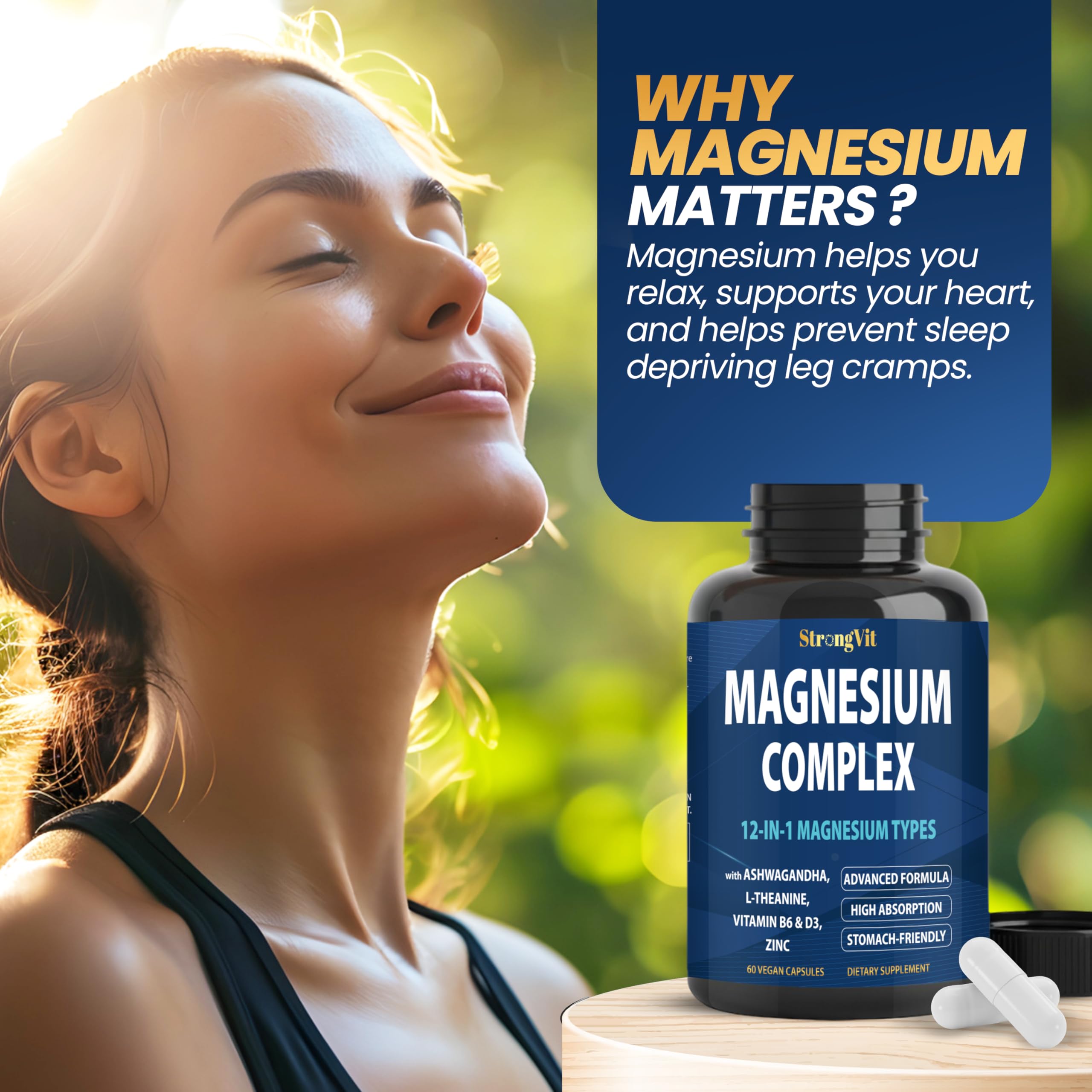 1000mg Magnesium Complex for Women and Men, 12 in 1 Magnesium Supplement with Ashwagandha, Zinc, D3, L-theanine. Easy to Swallow, High Absorption, Sleep Support & Stress Relief (60 Capsules) StrongVit uk supplements