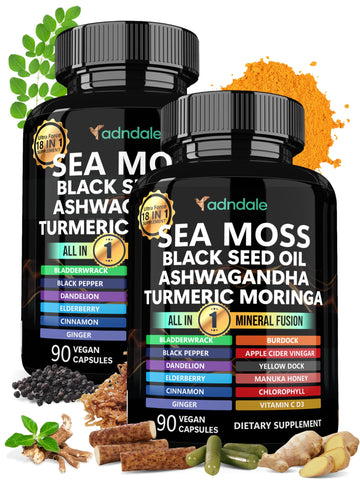 Adndale Sea Moss Capsules - Sea Moss Blend with Ashwagandha, Turmeric & Black Seed Oil - 180 Count Adndale uk supplements