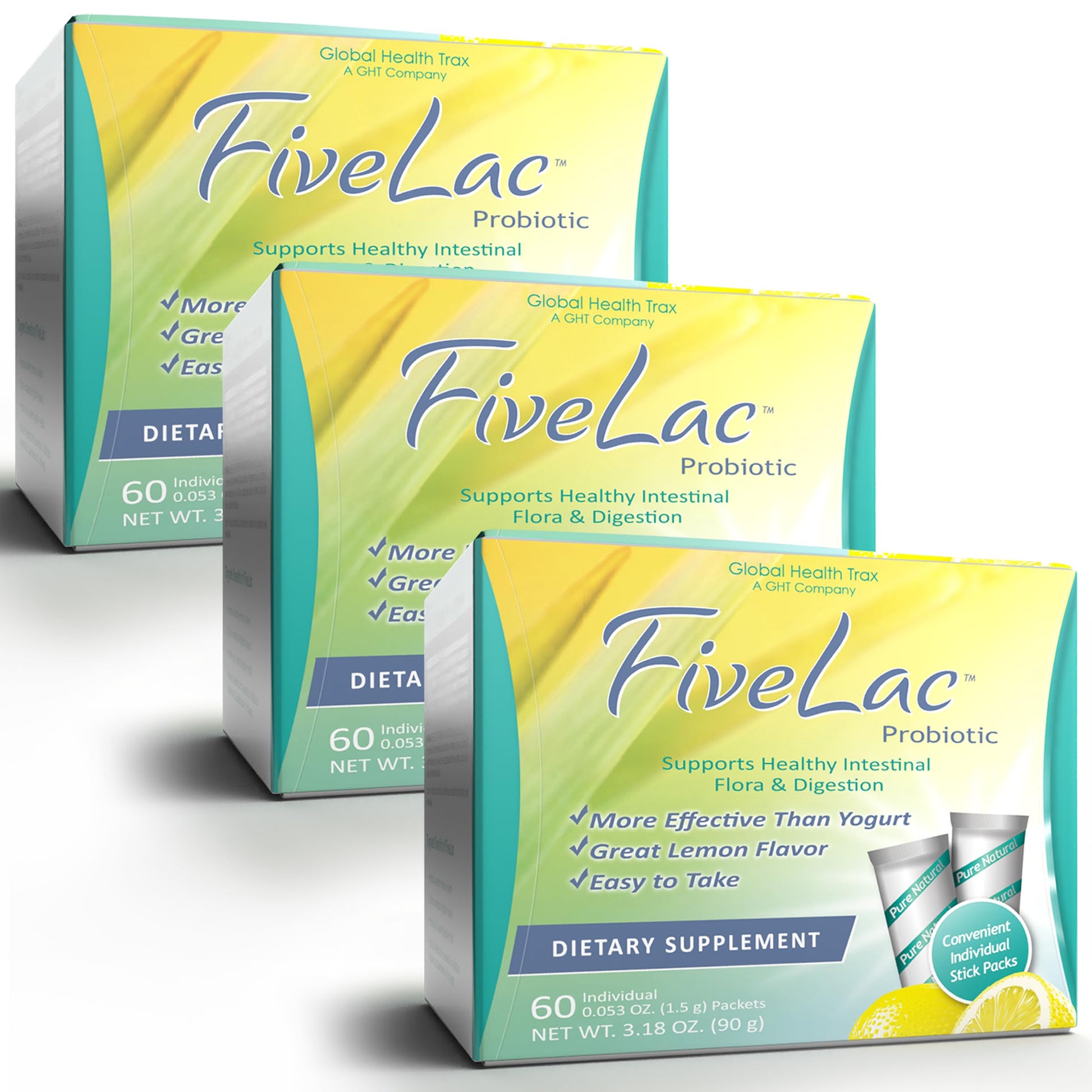 GHT - FiveLac Lemon Probiotic Powder Drink Mix, Probiotics for Women, Men, and Kids - Smooth Digestive Support and Elimination - Relieves Occasional Constipation and Gas - 60 Packets (3 Pack) Non-GMO ght Global Health Trax uk supplements