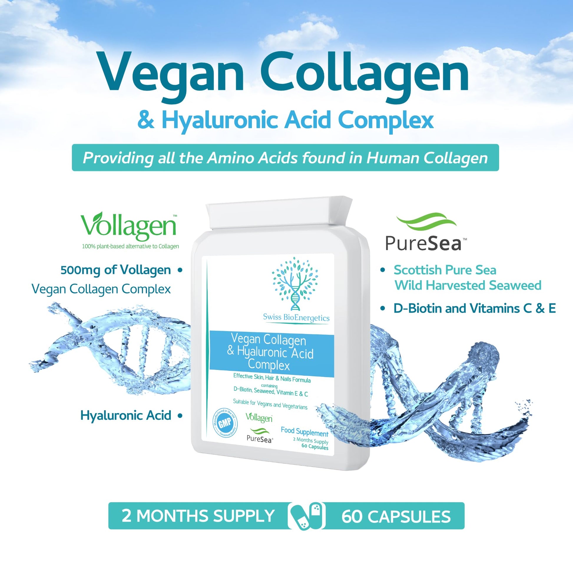 Vegan Collagen & Hyaluronic Acid Complex - 60 Capsules - Effective Skin, Hair & Nails Formula with 500mg swiss bioenergetics uk supplements