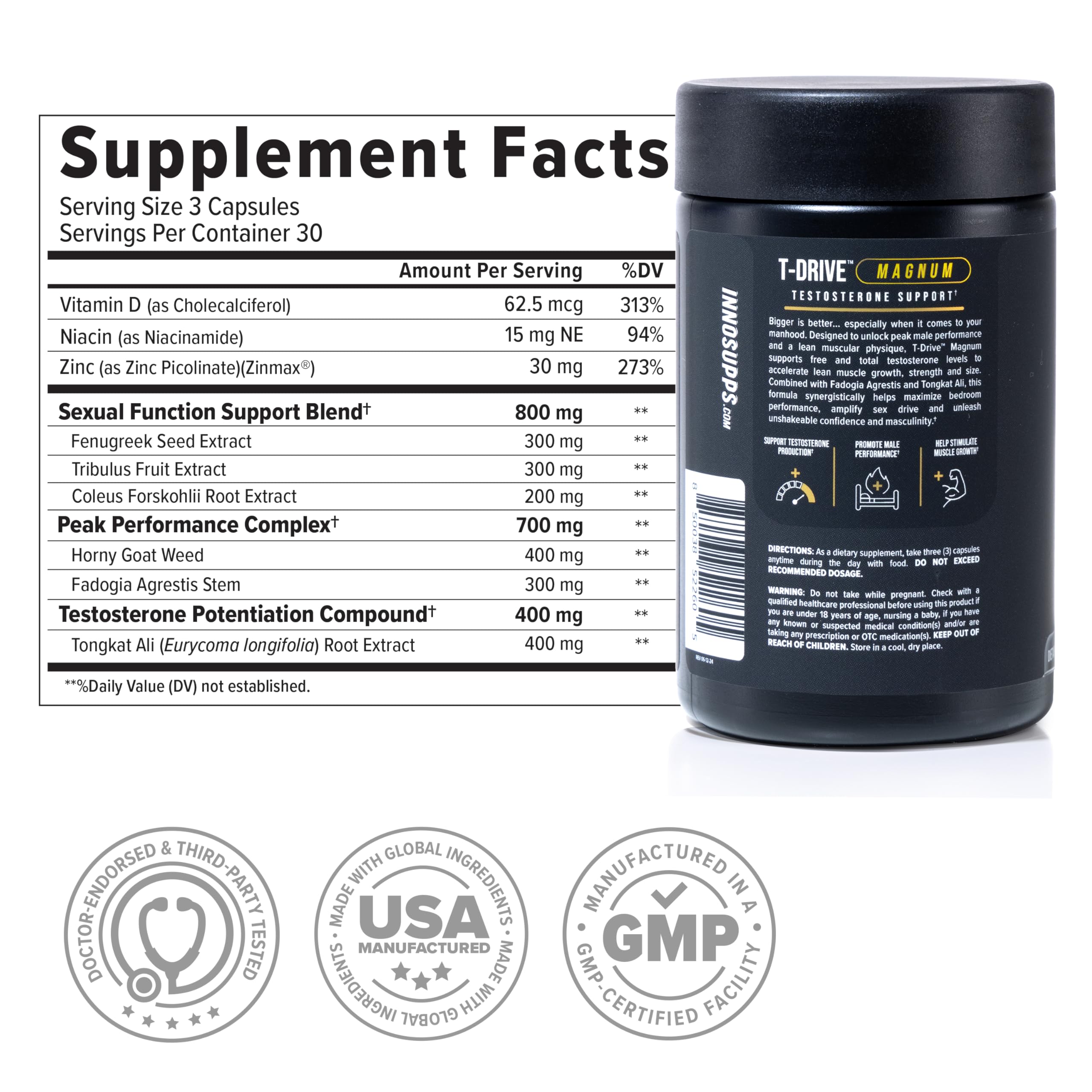InnoSupps T-Drive Magnum Testosterone Booster Enhance Peak Performance Amplify Muscle Growth, Increase Libido & Energy Levels, Horny Goat Weed Tongkat Ali, Zinc, Fenugreek, Fat Burner 90 Caps/30 Days InnoSupps uk supplements