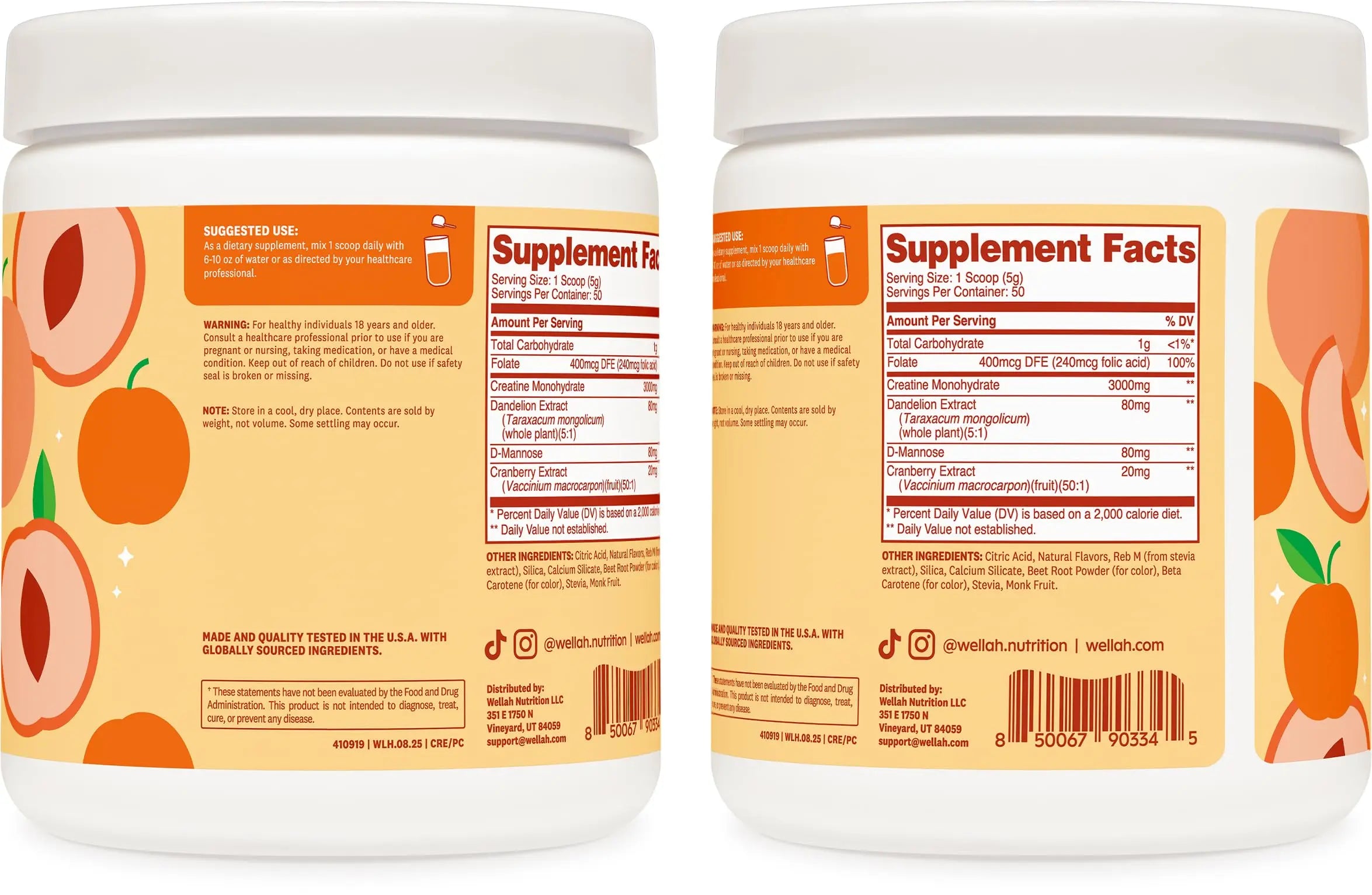 Wellah Creatine for Women - Creatine Monohydrate with Dandelion & Cranberry Extract (50 Servings, Clementine Peach) Wellah uk supplements