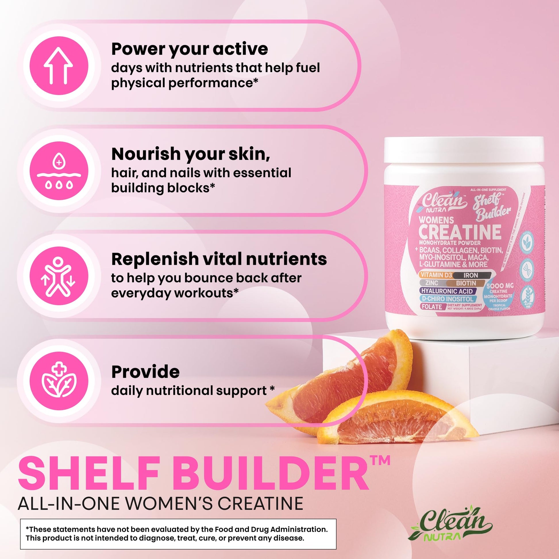 Creatine for Women | Creatine Monohydrate + BCAA Powder Myo-Inositol Collagen Biotin Hyaluronic Acid Folate L Glutamine Vitamin D3 Iron Zinc D-Chiro-Maca Digestion Shelf Builder by Clean Nutra Clean Nutraceuticals uk supplements