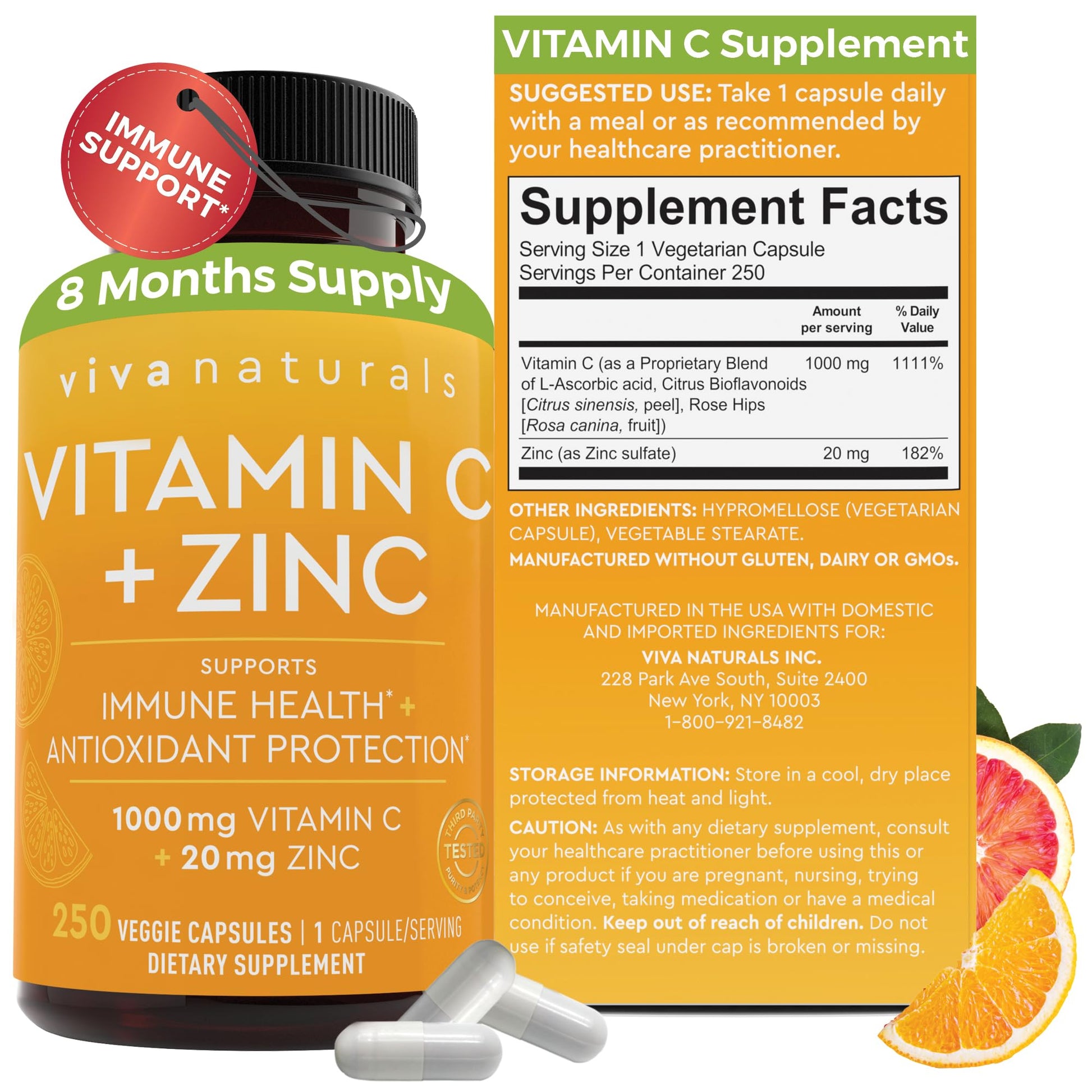 Viva Naturals Vitamin C and Zinc Supplement (250 Capsules) - 1000 mg Vitamin C with Zinc 20 mg Antioxidant Supplements for Immune Support, Vitamin Supplement for Adults Viva Naturals uk supplements