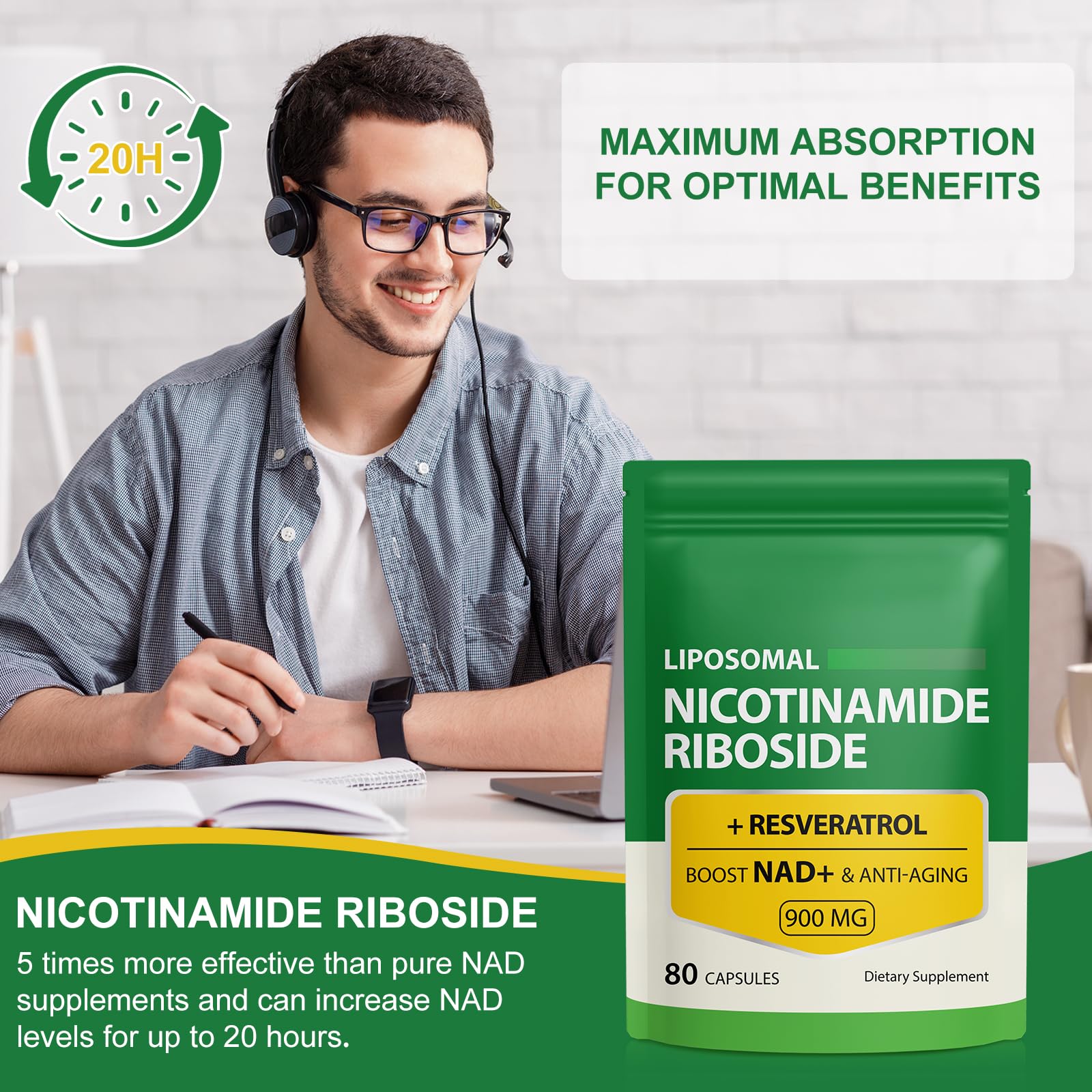 NAD Supplement with Nicotinamide Riboside - Resveratrol,Liposomal Nicotinamide Riboside,Quercetin - High Purity NAD Supplement for Anti-Aging, Focus, Energy 160 Capsules (2 Bag) Ruduwu uk supplements