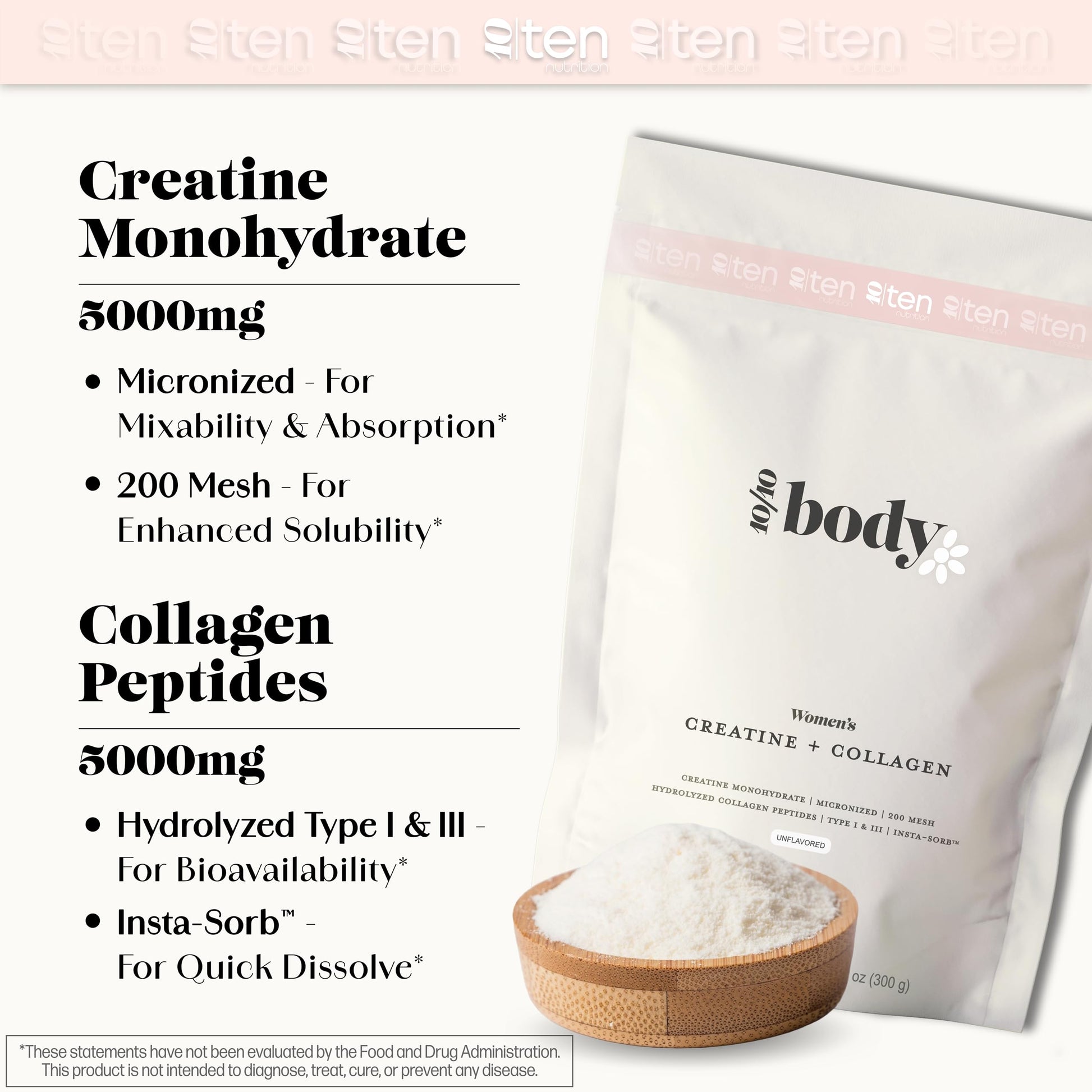 New - Creatine + Collagen for Women – Supports Lean Muscle Growth & Development, Booty Gain, Energy & Recovery – 5g Creatine Monohydrate Plus 5000mg Collagen Peptides Combo – Unflavored, 30 Servings 10Ten Nutrition uk supplements