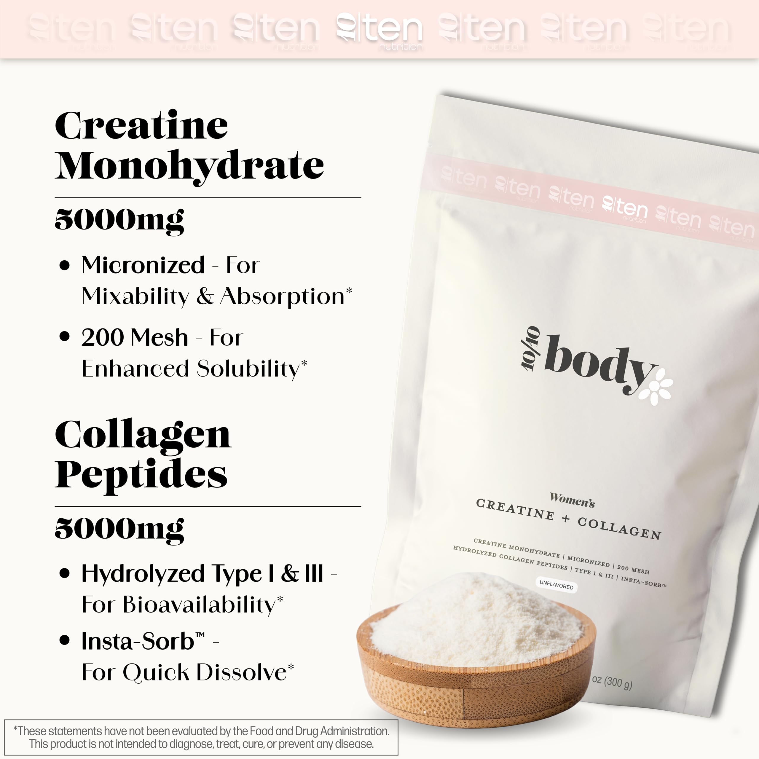 New - Creatine + Collagen for Women – Supports Lean Muscle Growth & Development, Booty Gain, Energy & Recovery – 5g Creatine Monohydrate Plus 5000mg Collagen Peptides Combo – Unflavored, 30 Servings 10Ten Nutrition uk supplements