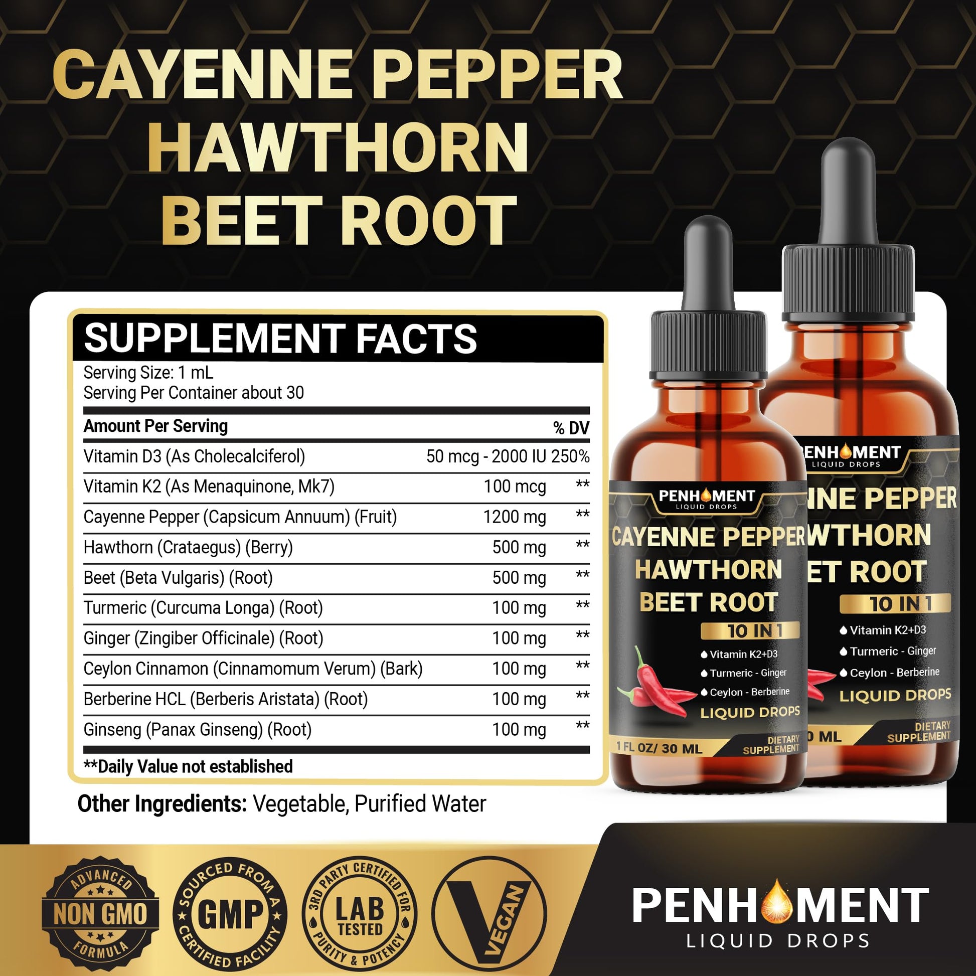 Penhoment 2 Packs - 2700 mg 10in1 Cayenne Pepper Liquid Drops with Hawthorn Berry, Vitamin D3 K2, Beet Root, Ginger Turmeric, Ginger, Ceylon Cinnamon, Berberine, and Ginseng - 2 Months Penhoment uk supplements